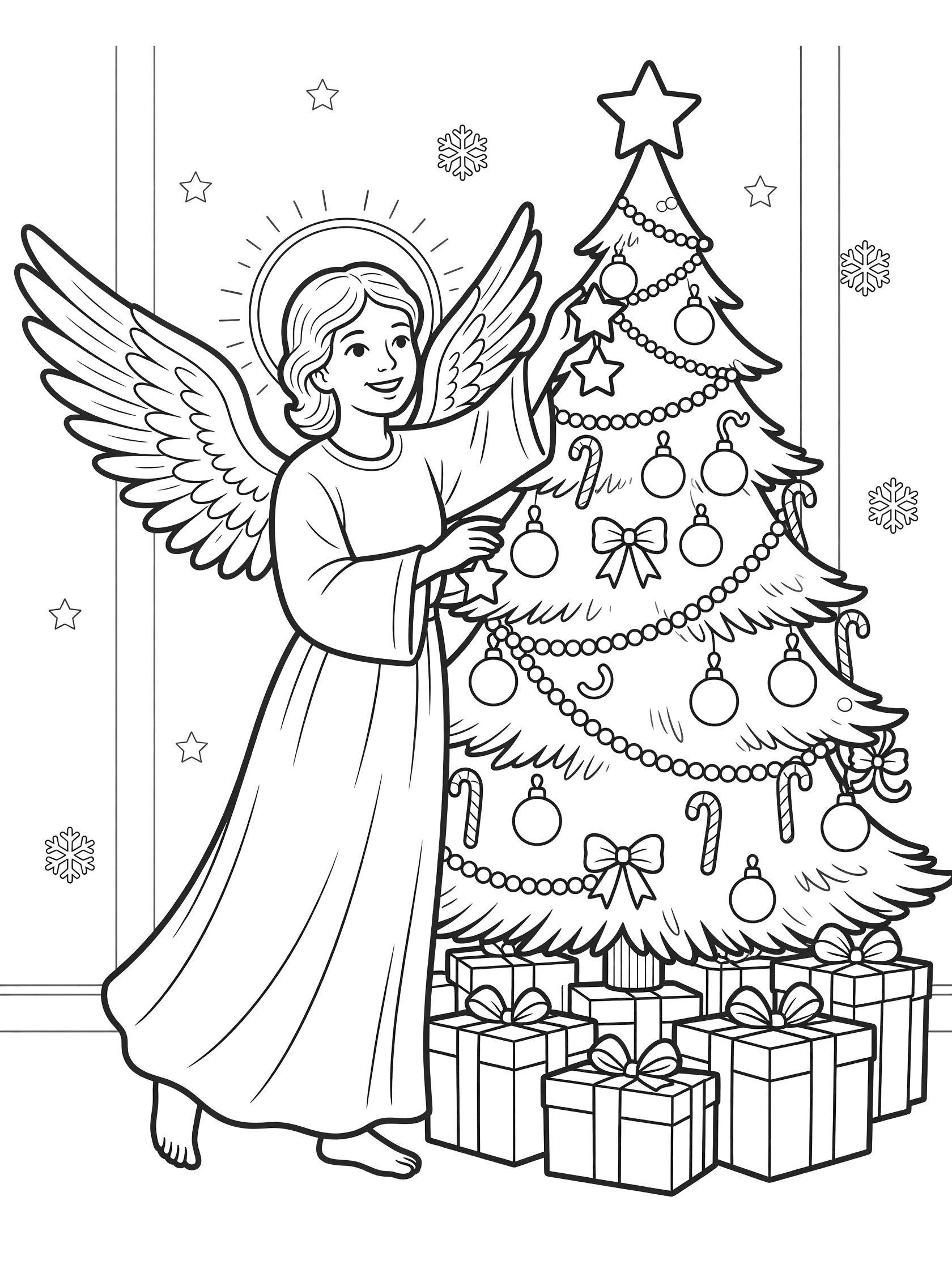 Black and white line art coloring page showing an angel reaching to place a star on a tall Christmas tree decorated with ornaments, ribbons, garland, and candy canes, with presents below.