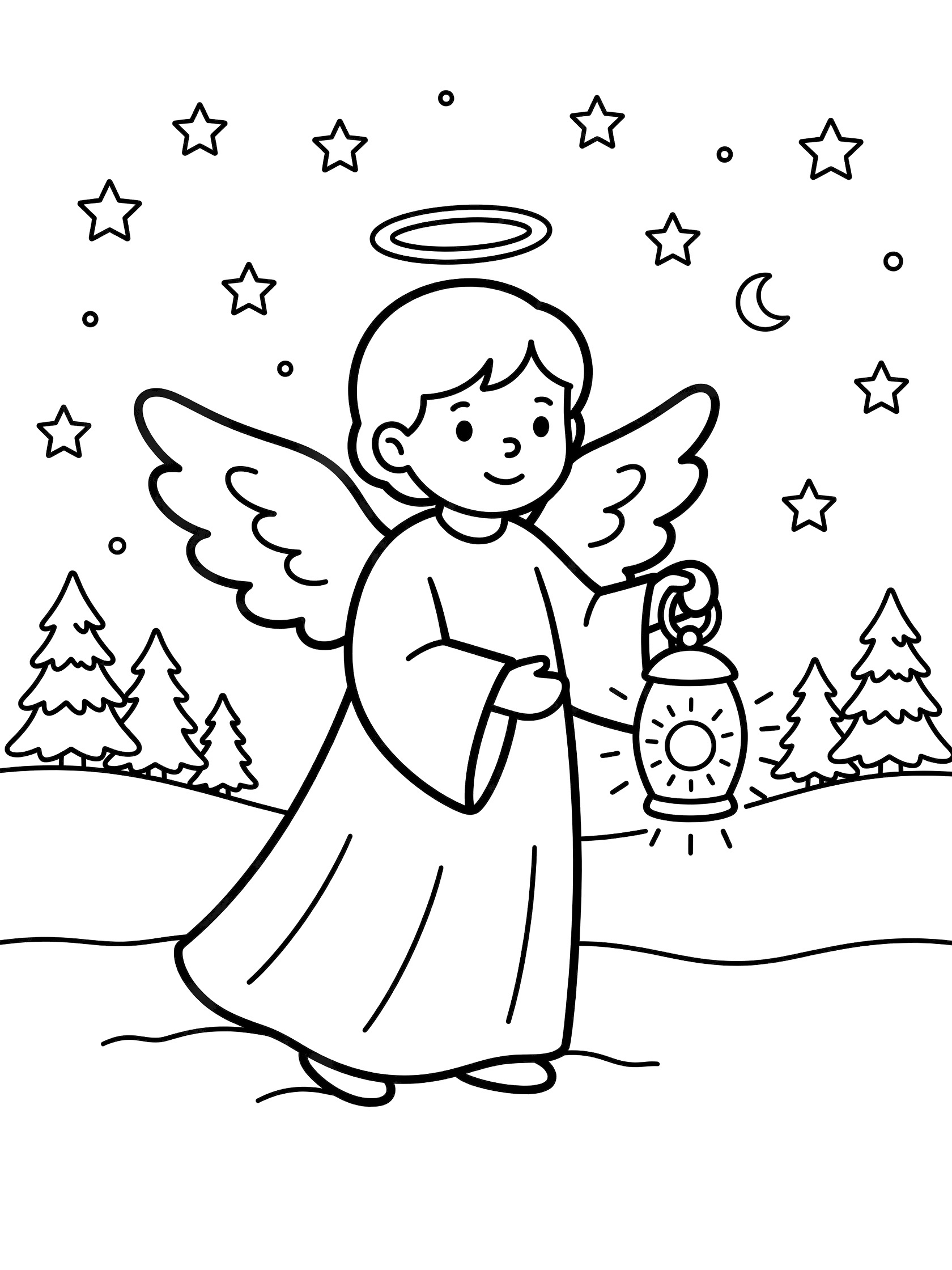 Black and white line art coloring page of a cute angel with fluffy wings, halo, and flowing robe holding a glowing lantern in a starry snowy Christmas scene