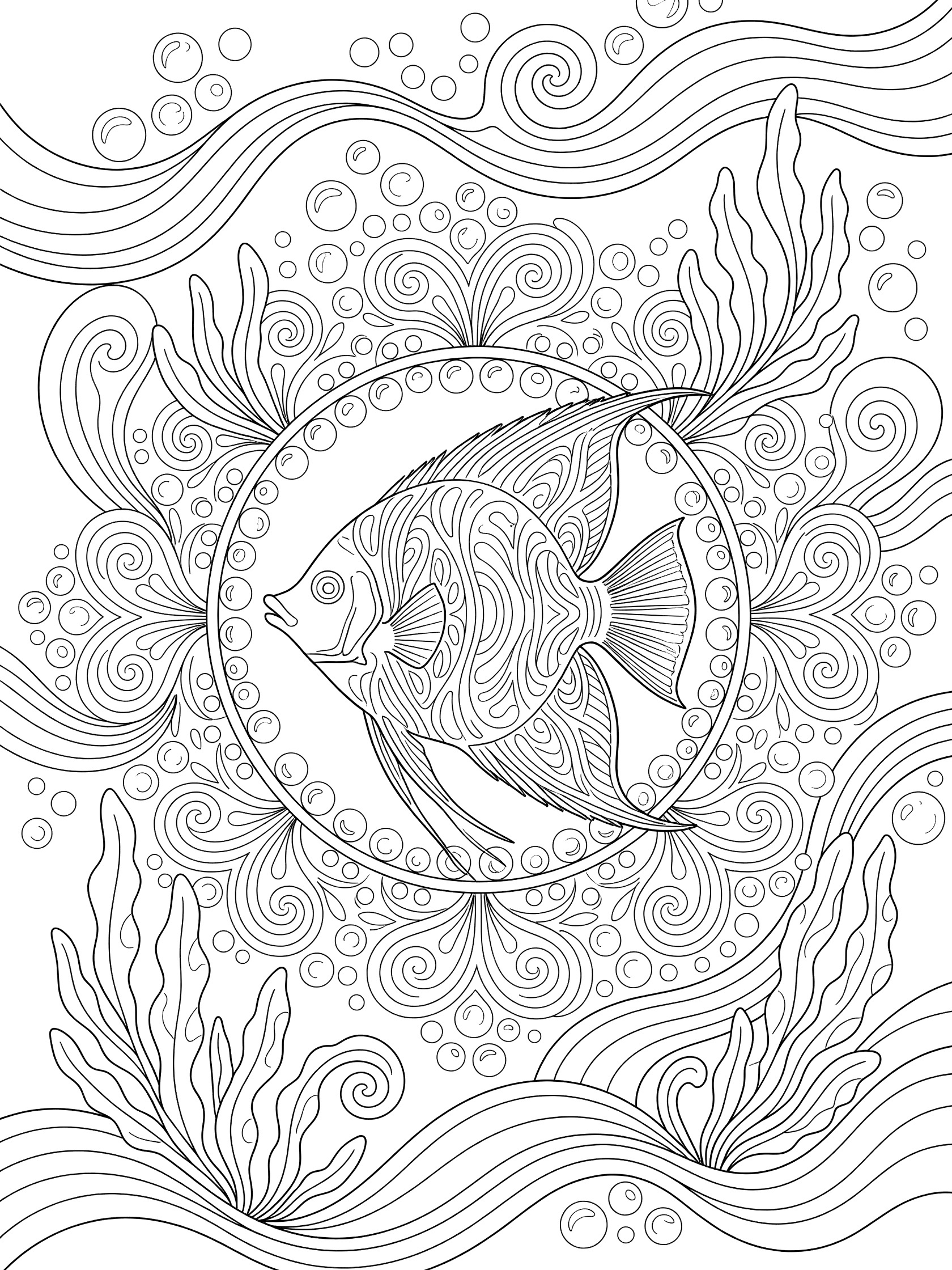 Black and white line art of an angelfish in a mandala circle with swirling seaweed, bubbles and waves, printable coloring page