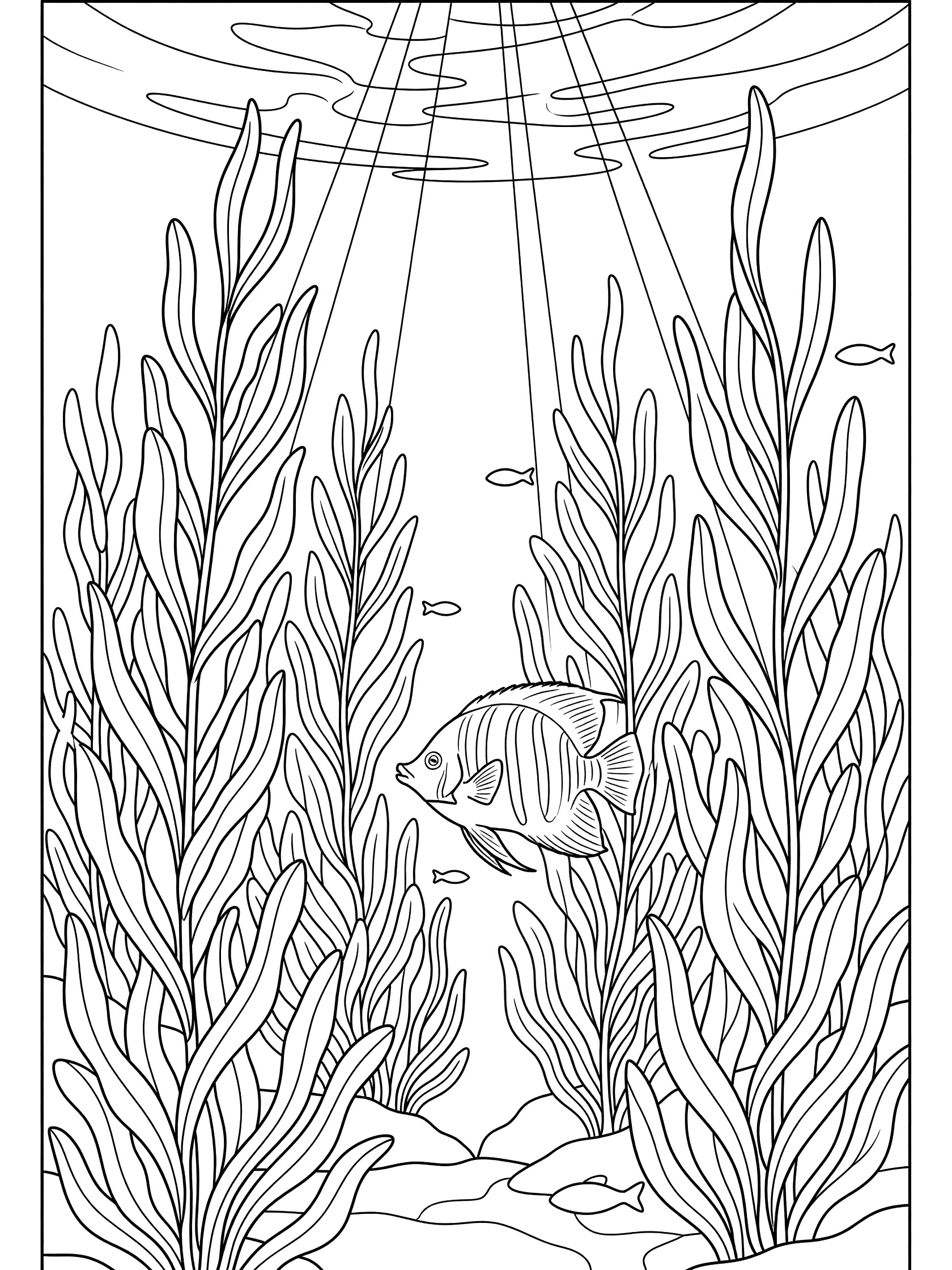 Printable coloring page showing angelfish among swaying seaweed fronds, tiny fish, sunlight rays from above, and ocean floor rocks, all in clean black line art.