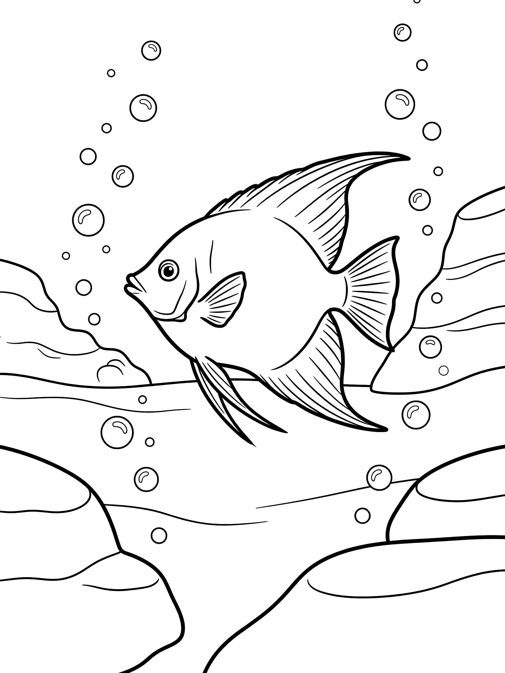 Black and white line art of an angelfish swimming gracefully with spread fins, surrounded by bubbles and simple rocks on a white background.