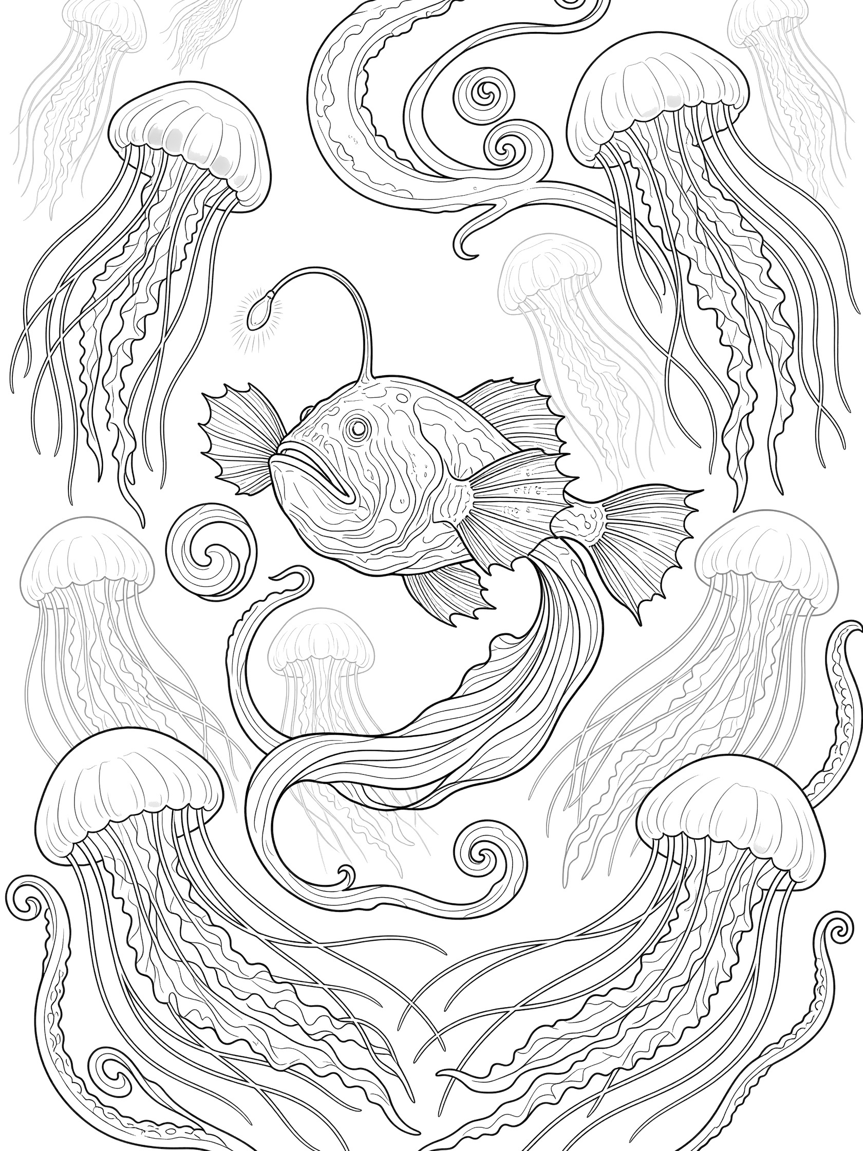 Black and white line art coloring page showing a central anglerfish with long lure, fins, and mouth surrounded by multiple jellyfish with flowing tentacles on white background.