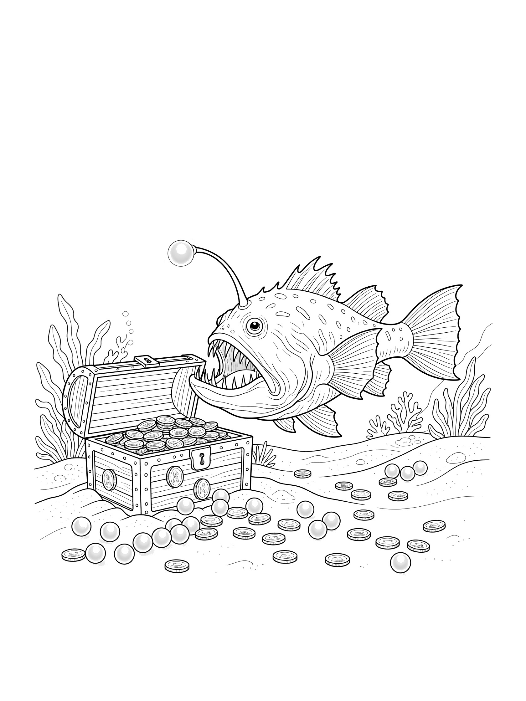 Black and white line art coloring page showing a big anglerfish with sharp teeth and glowing lure swimming toward an open wooden treasure chest full of gold coins and pearls on the ocean floor with seaweed.