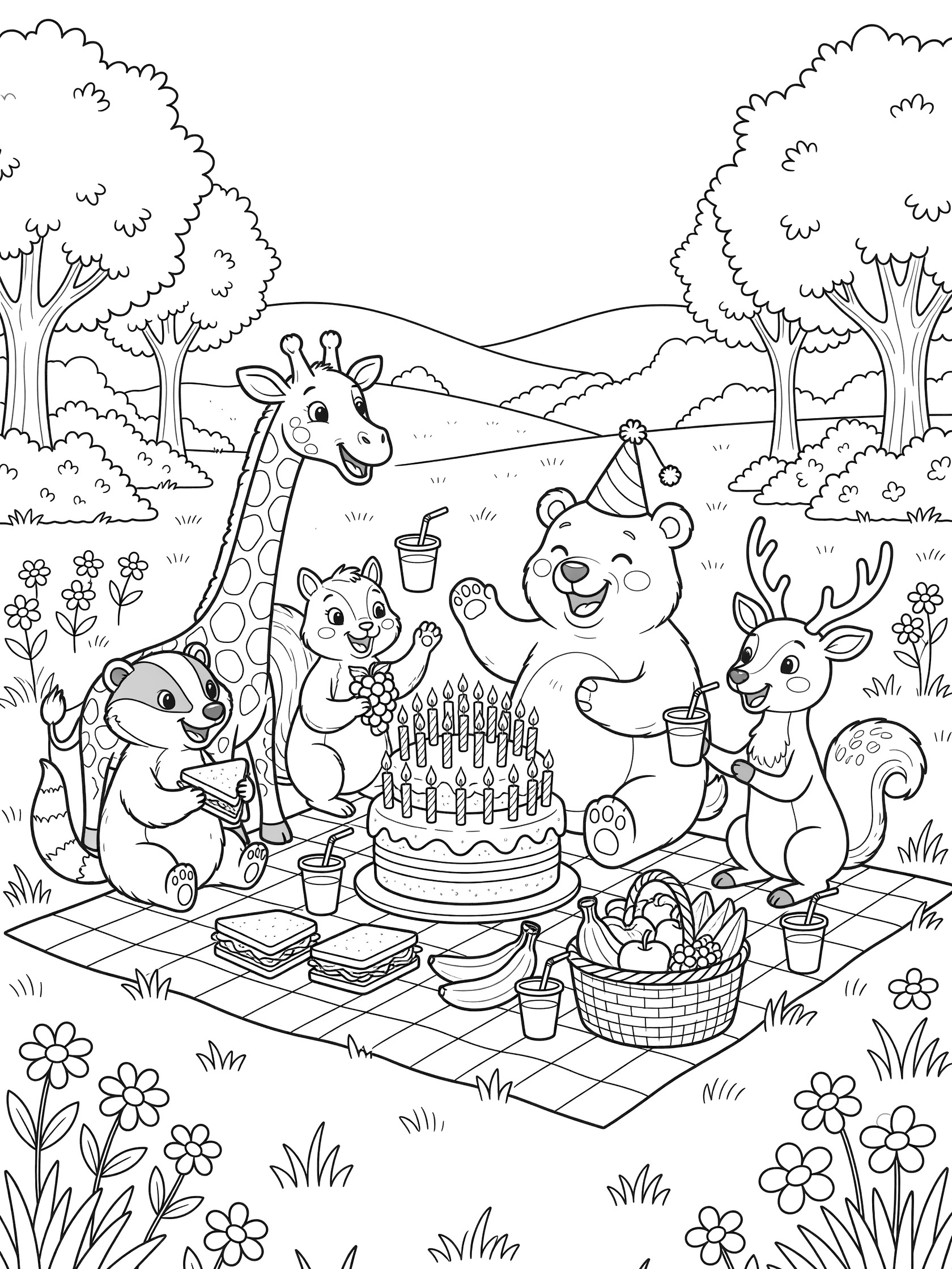 Line art coloring page showing cheerful bear with party hat, giraffe, deer, squirrel, badger and kitten celebrating 40th birthday picnic with big cake, candles, juice, fruits and checkered blanket.