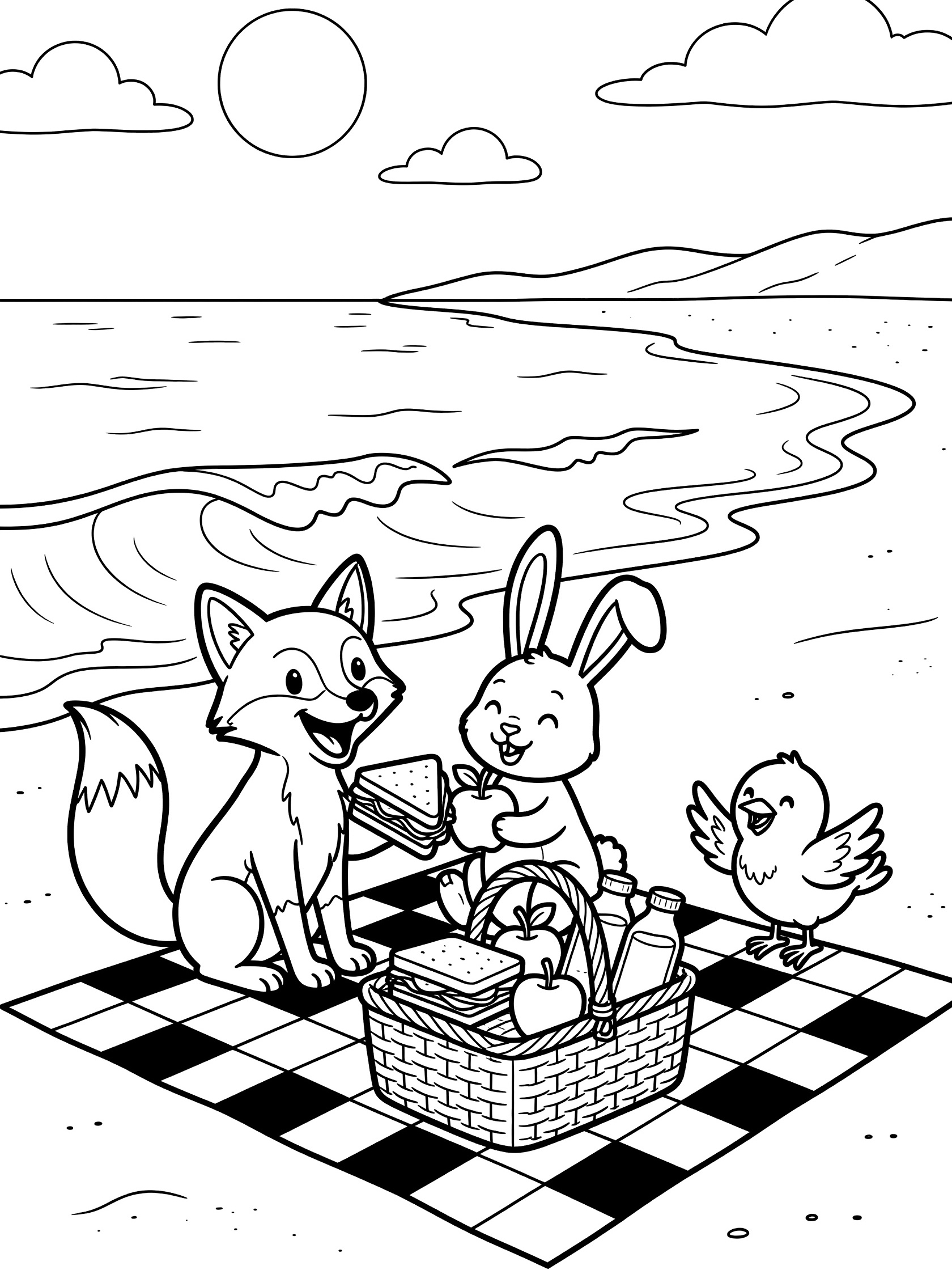 Whimsical coloring page showing fox, rabbit and bird on checkered blanket with picnic basket, sandwiches and apples by lake waves and dunes of The Great Lakes.