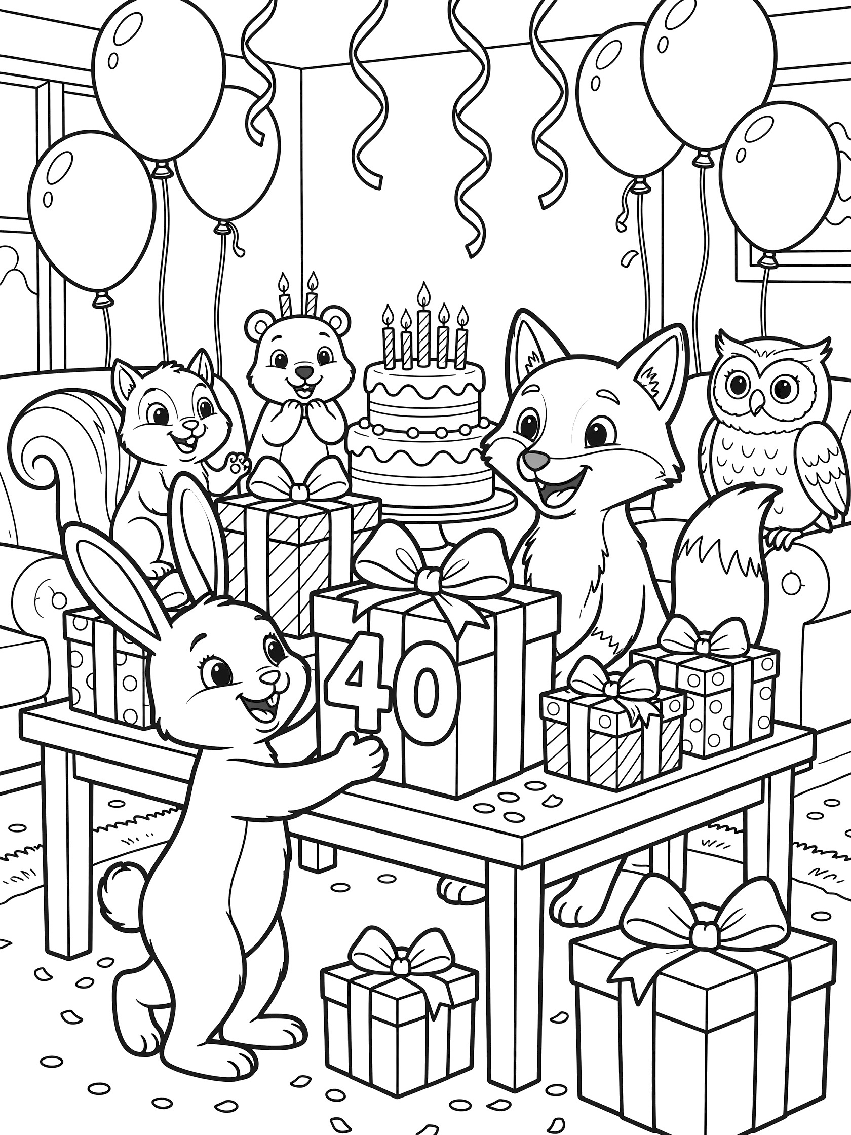 Coloring page showing smiling fox at table getting big gift box with 40 bow from bunny friends owl bear at 40th birthday party with cake balloons confetti.