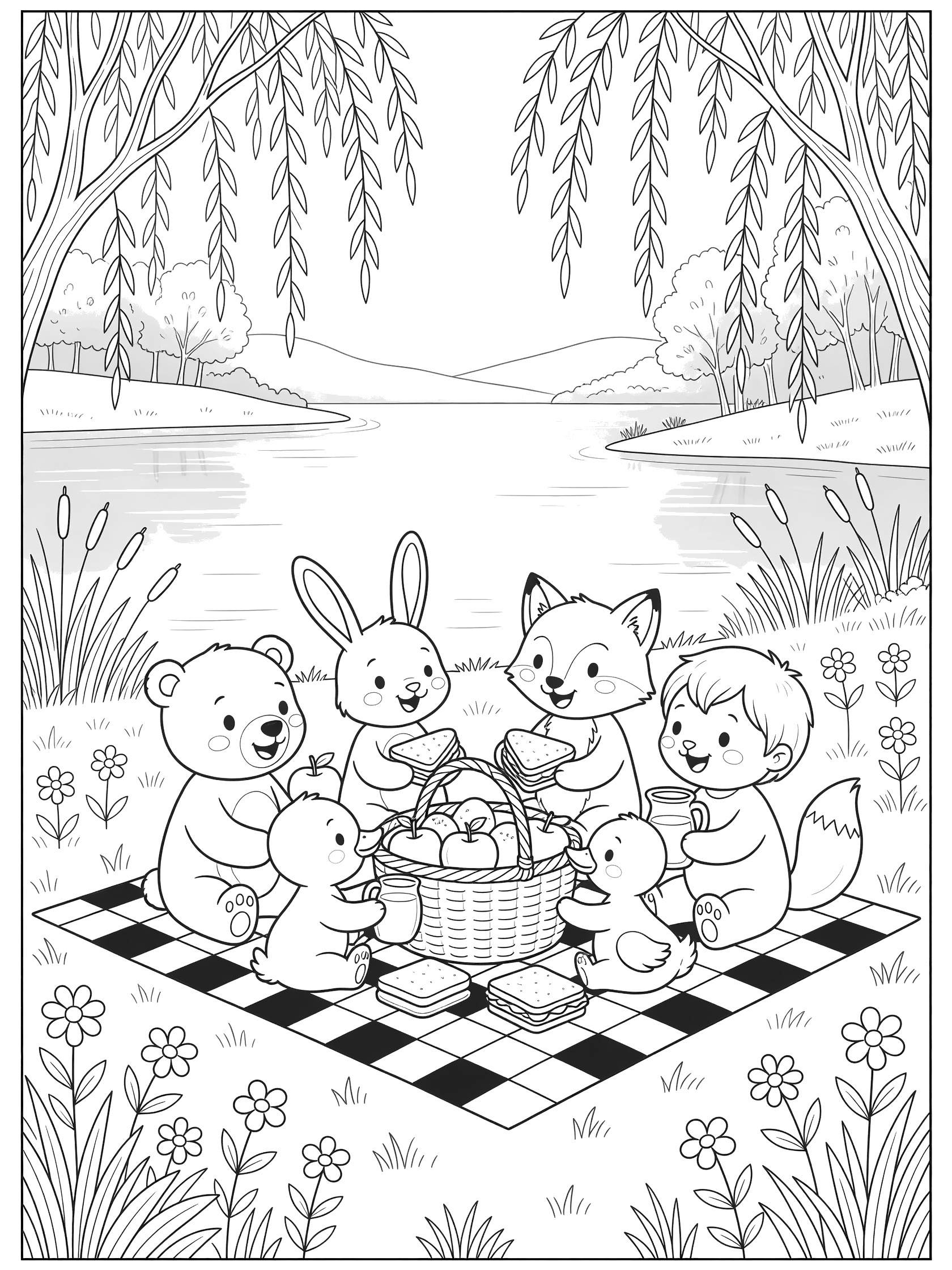 Whimsical line art coloring page showing bear, rabbit, fox, and duck animal friends picnicking with sandwiches, apples, and juice by a serene lake surrounded by grassy shore, wildflowers, reeds, willow trees, and misty hills.
