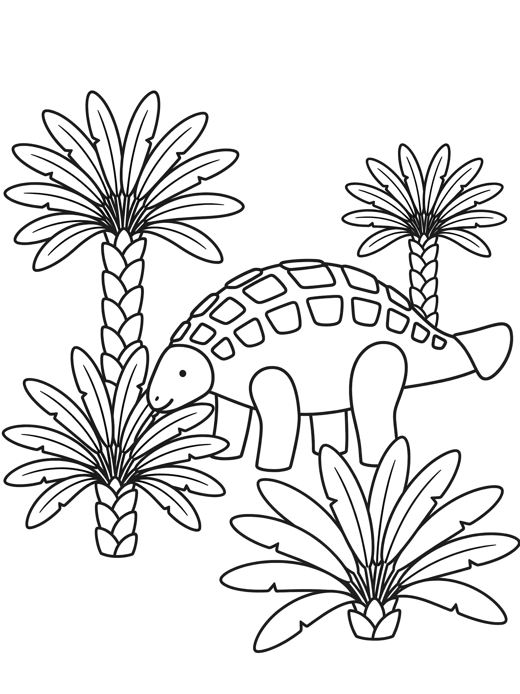 Simple line art coloring page showing an Ankylosaurus dinosaur gently nibbling cycad fronds, surrounded by four tall cycad plants with fan-shaped leaves.