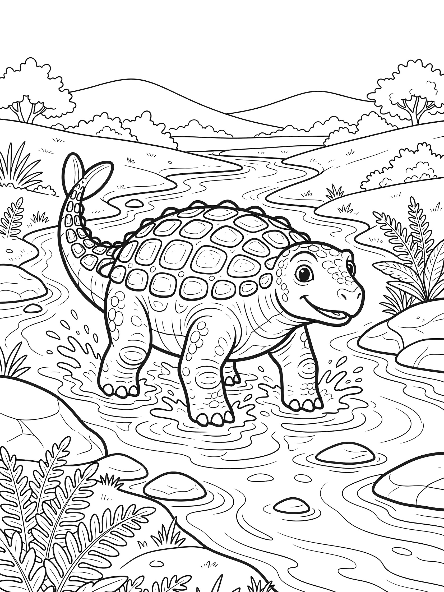 Black and white line art of a cute Ankylosaurus with plated back and club tail crossing a shallow stream surrounded by ferns, rocks, and distant hills.