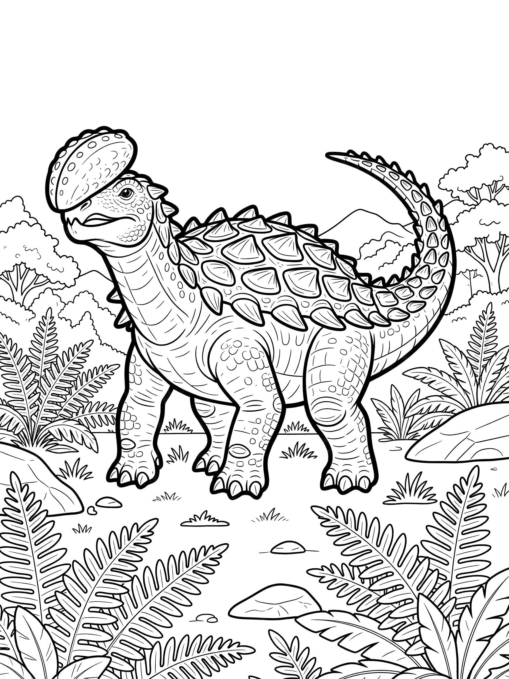 Black and white line art coloring page showing an Ankylosaurus with armored body, spikes, and raised tail club amid ferns and rocks.
