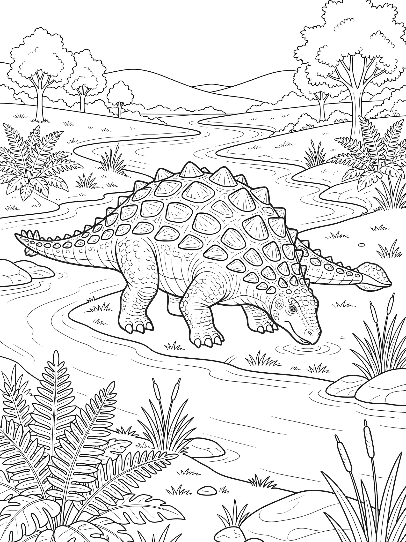 Black and white line art coloring page showing an Ankylosaurus bending to drink water from a calm river, with ferns, reeds, rocks, trees, and hills in a sunny prehistoric scene.