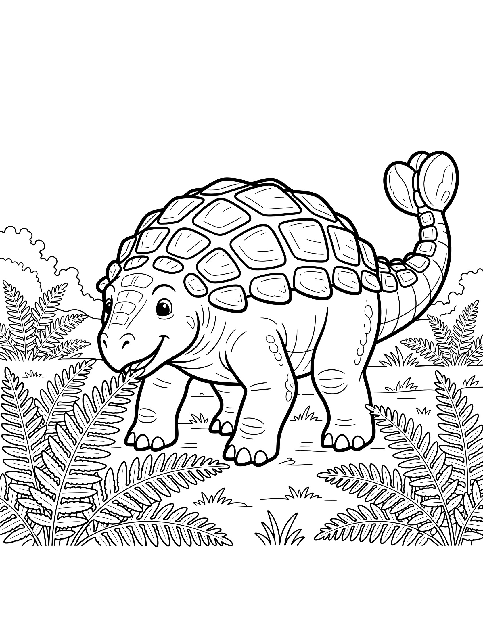 Black and white line art coloring page showing an Ankylosaurus dinosaur standing and eating ferns, with armored plates on back and club tail.