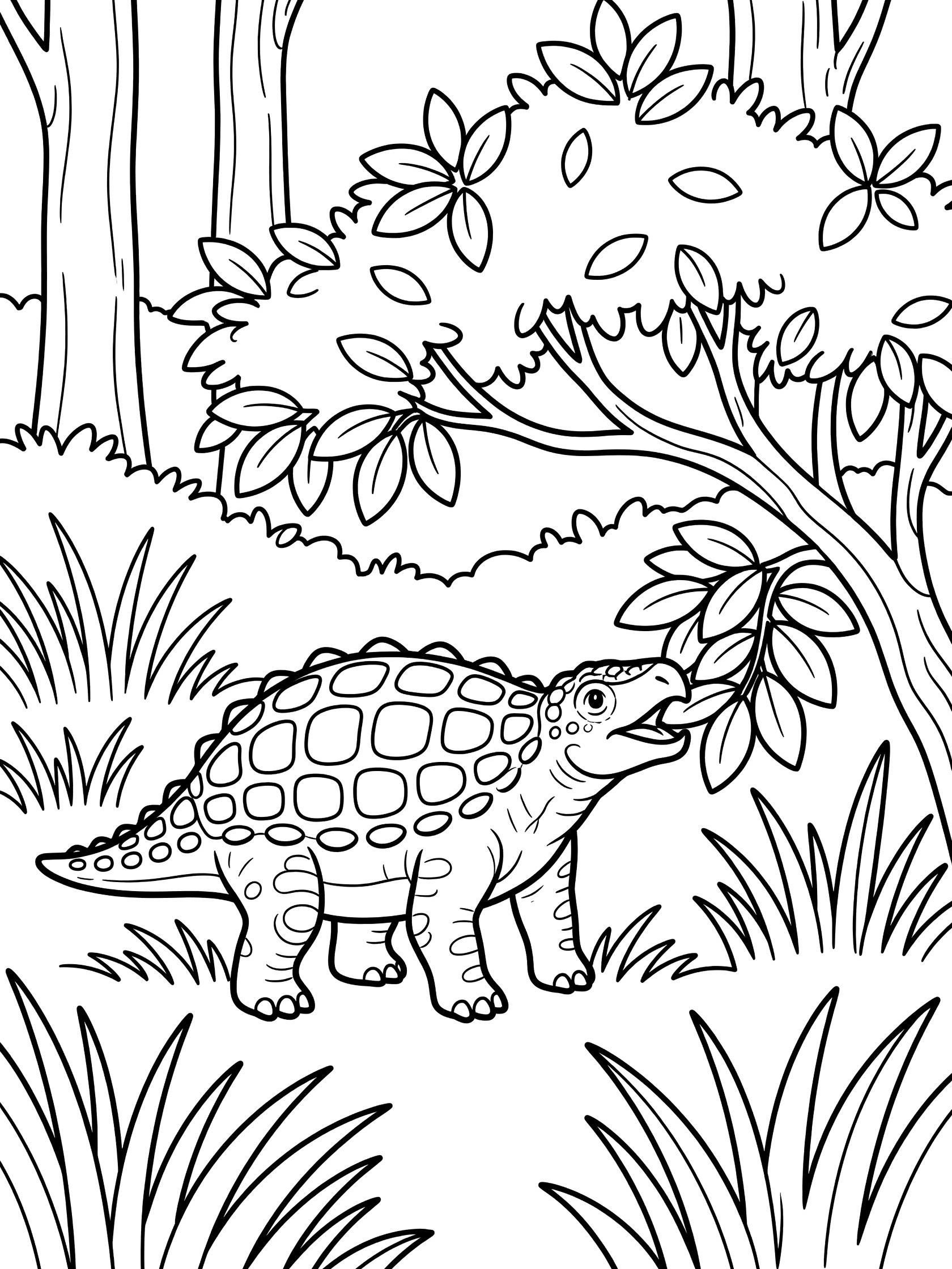 Black and white line art coloring page showing a dinosaur with armored back eating leaves from a bush, surrounded by trees and grass.