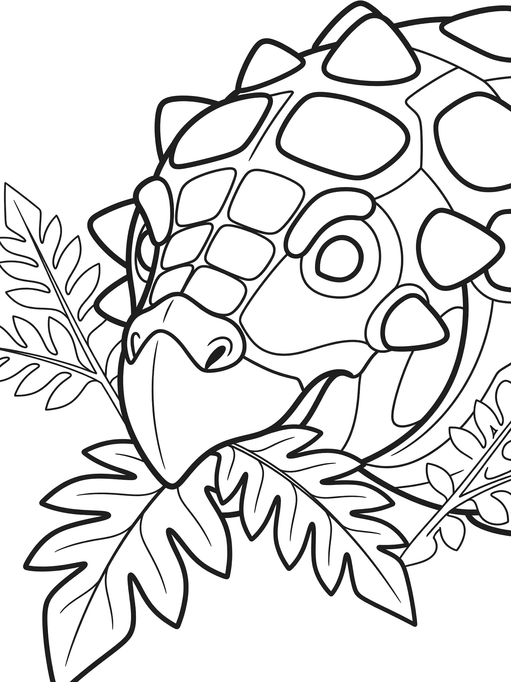 Black and white line art of a friendly Ankylosaurus head close-up, eating a fern leaf with geometric fronds around it.