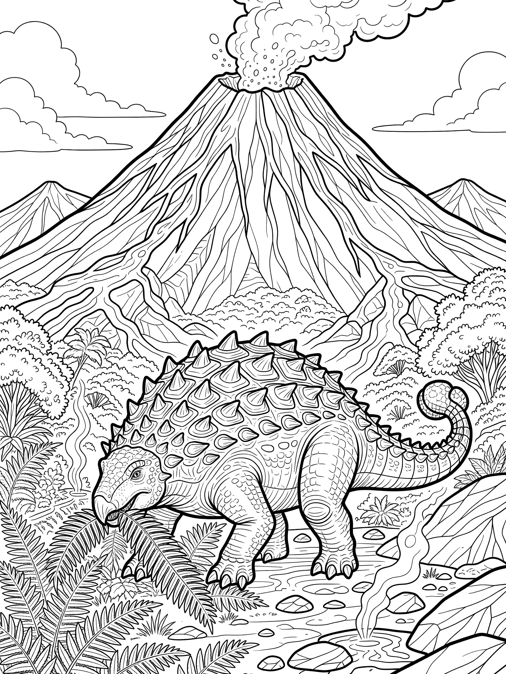 Black and white line art of Ankylosaurus dinosaur eating ferns near a erupting volcano with lava and smoke.