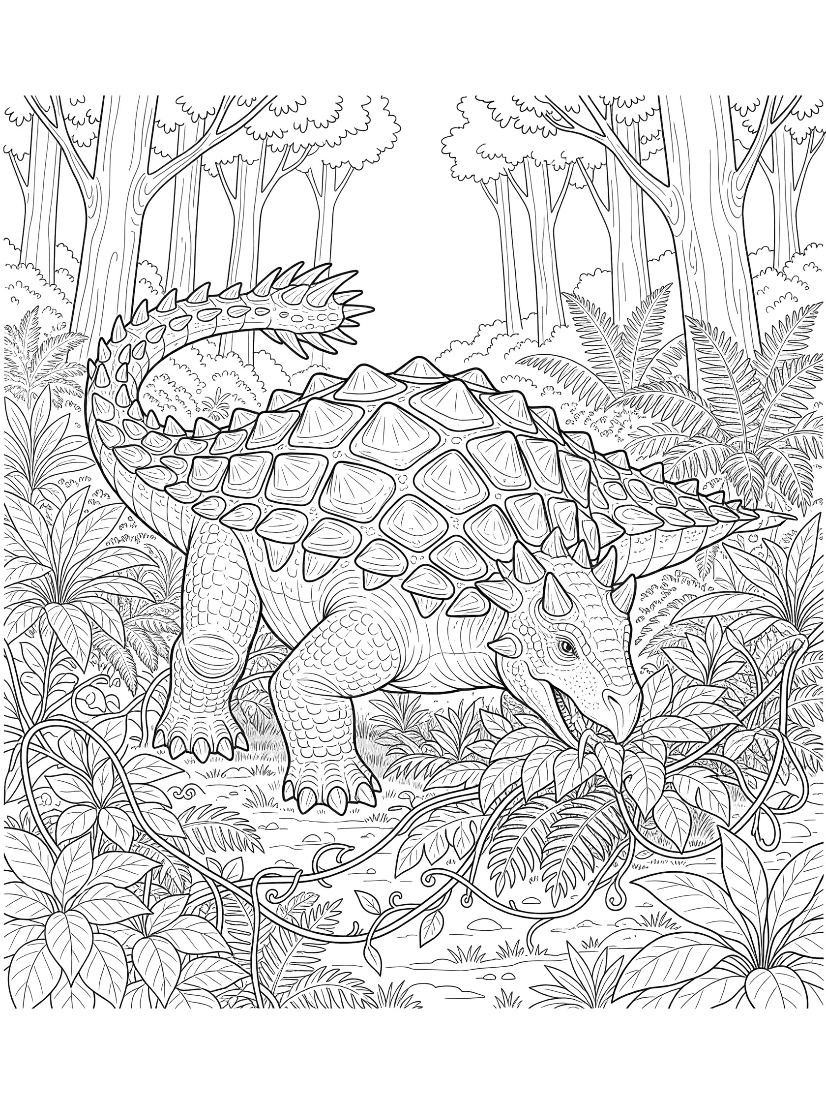 Black and white coloring page of an Ankylosaurus dinosaur pushing through dense bushes and vines in a forest, with armored plates and tail spikes visible.