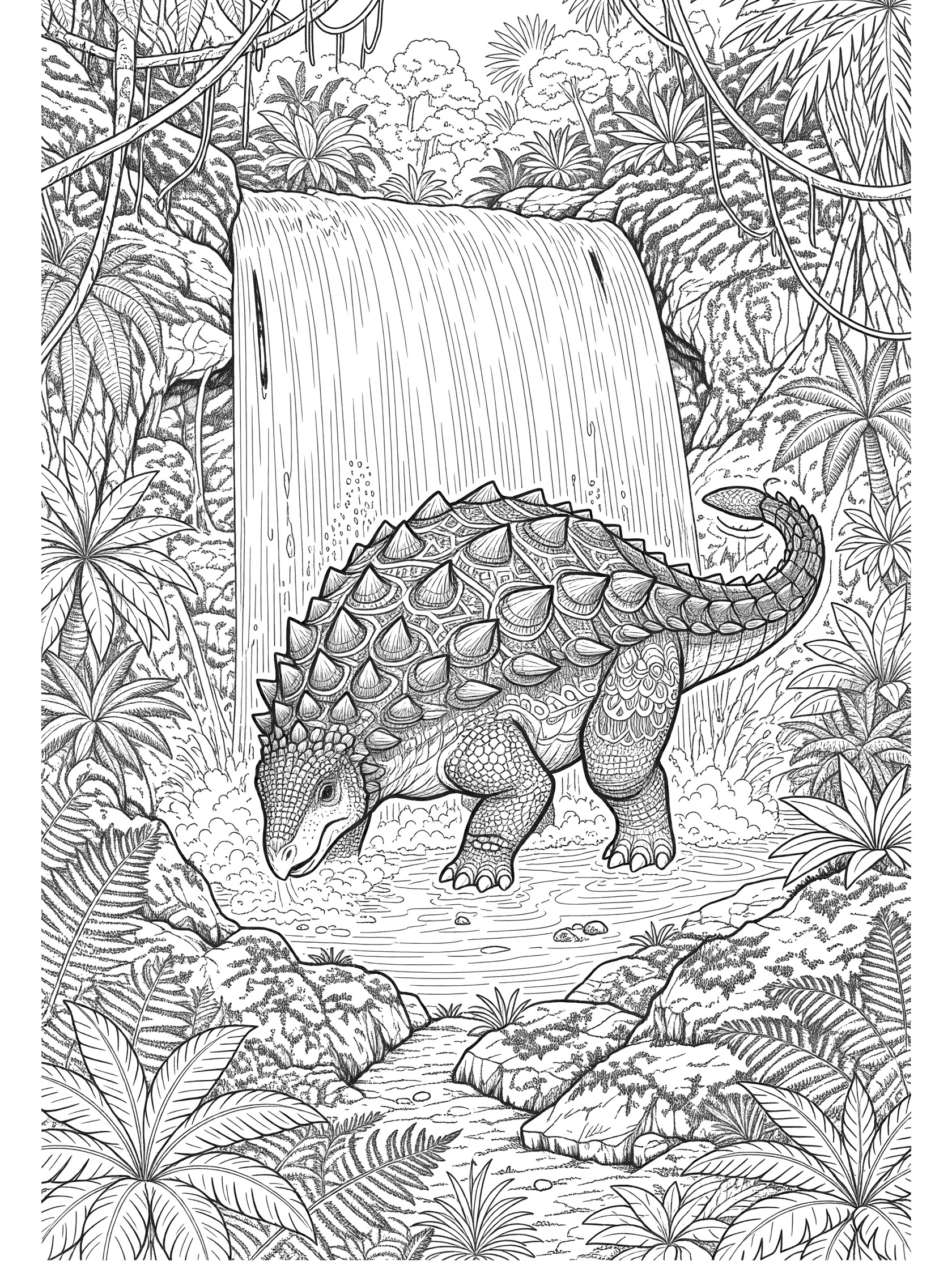 Detailed line art coloring page of Ankylosaurus standing under a cascading waterfall, with water over its armored body, surrounded by jungle ferns, vines, and rocks.