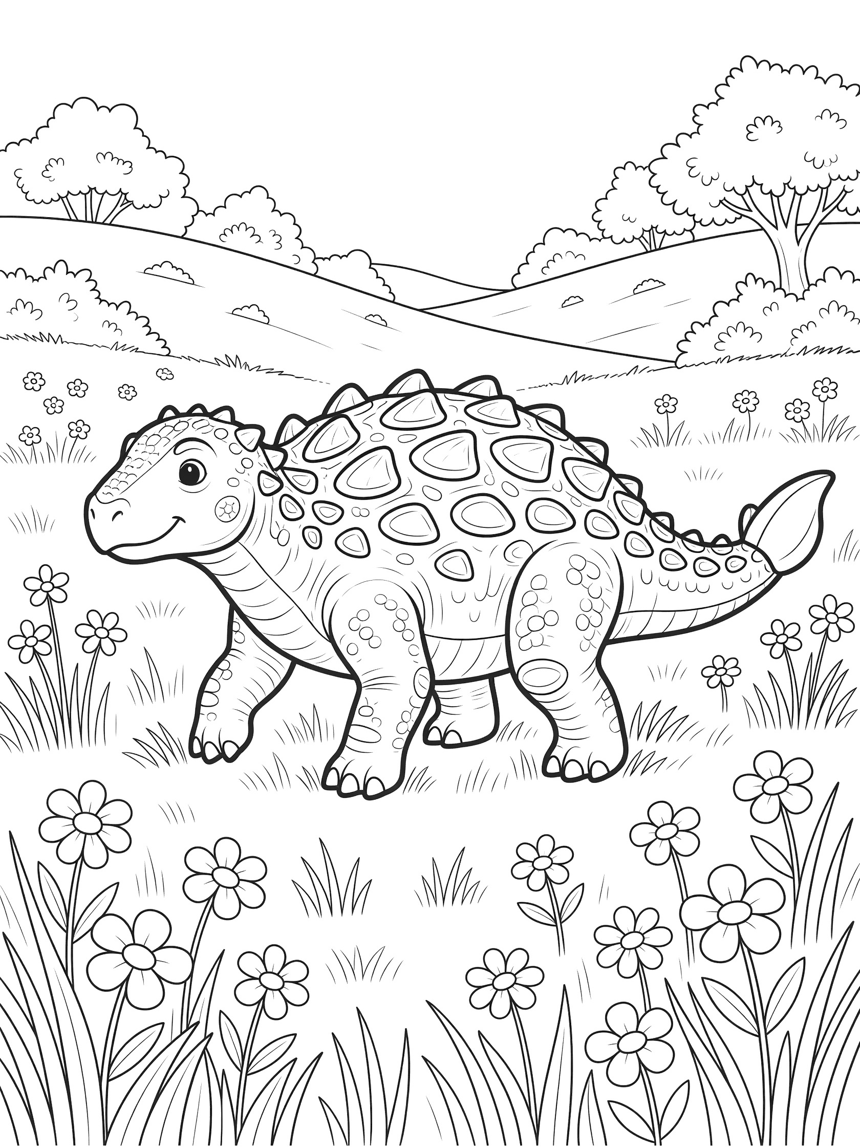 Black and white line art of Ankylosaurus dinosaur with armor plates, spikes and club tail walking mid-stride in a meadow with flowers, grasses, hills and trees