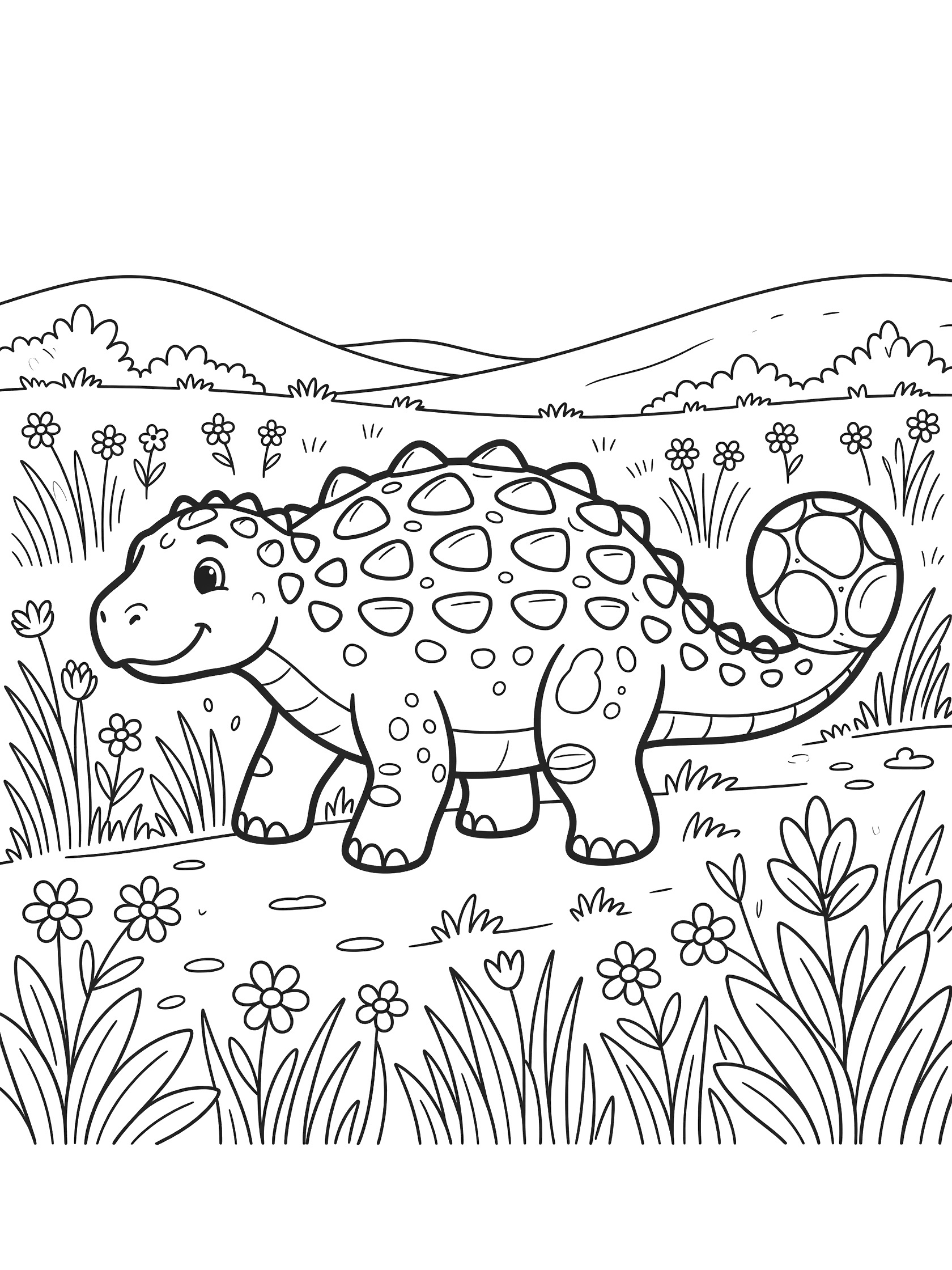 Black and white line art of a friendly Ankylosaurus dinosaur with bumpy plates and club tail walking through a meadow with grasses, flowers, bushes, and hills.