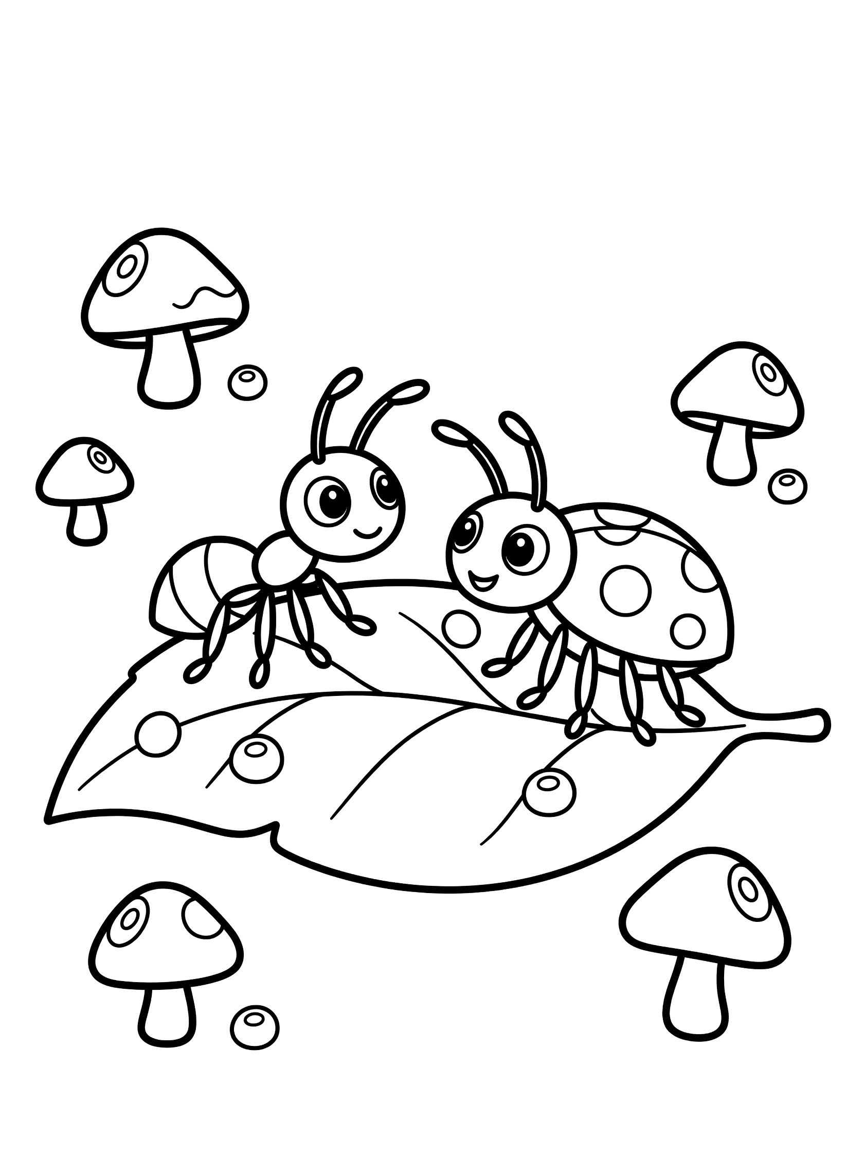 Printable coloring page showing a friendly ant and ladybug touching antennae on a leaf, surrounded by small mushrooms and dewdrops, clean line art.