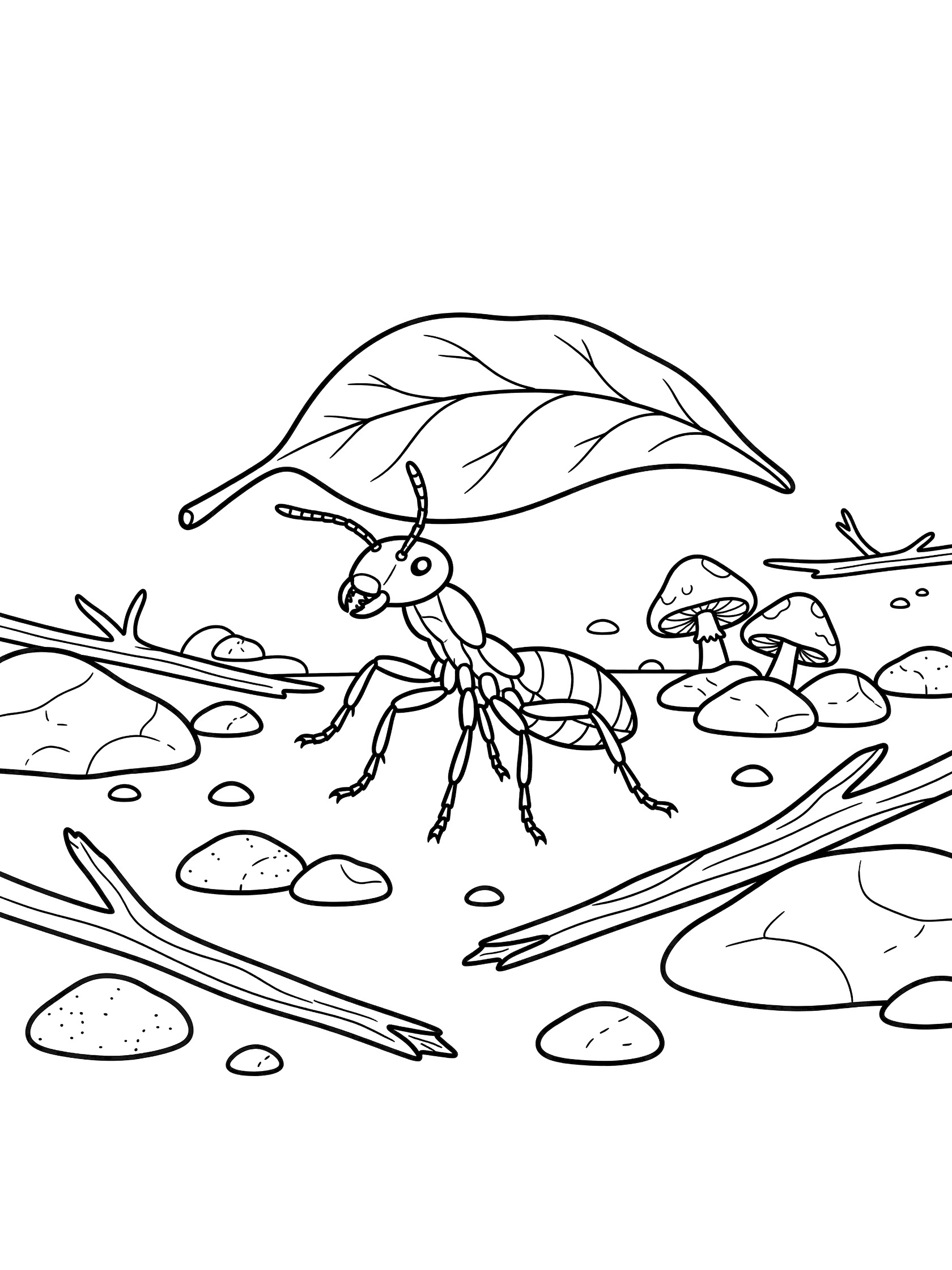Black and white line art coloring page showing an ant holding a large leaf above its head, surrounded by pebbles, sticks and mushrooms on a forest floor. Termite themed black and white printable line art