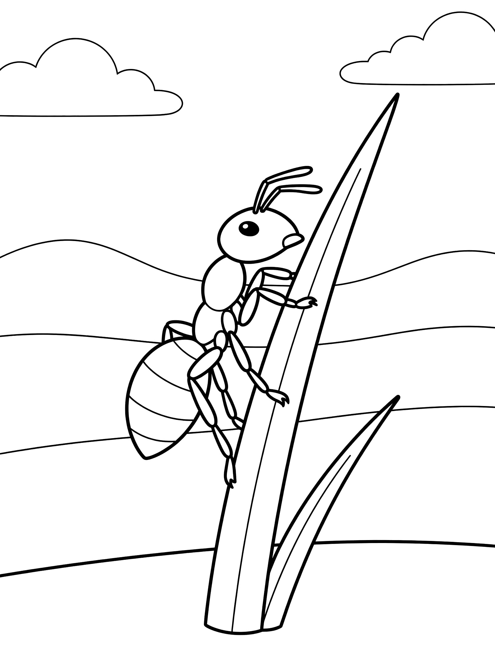 Black and white line art coloring page showing a determined ant gripping and climbing up a tall blade of grass, with wavy hills and puffy clouds in the background.