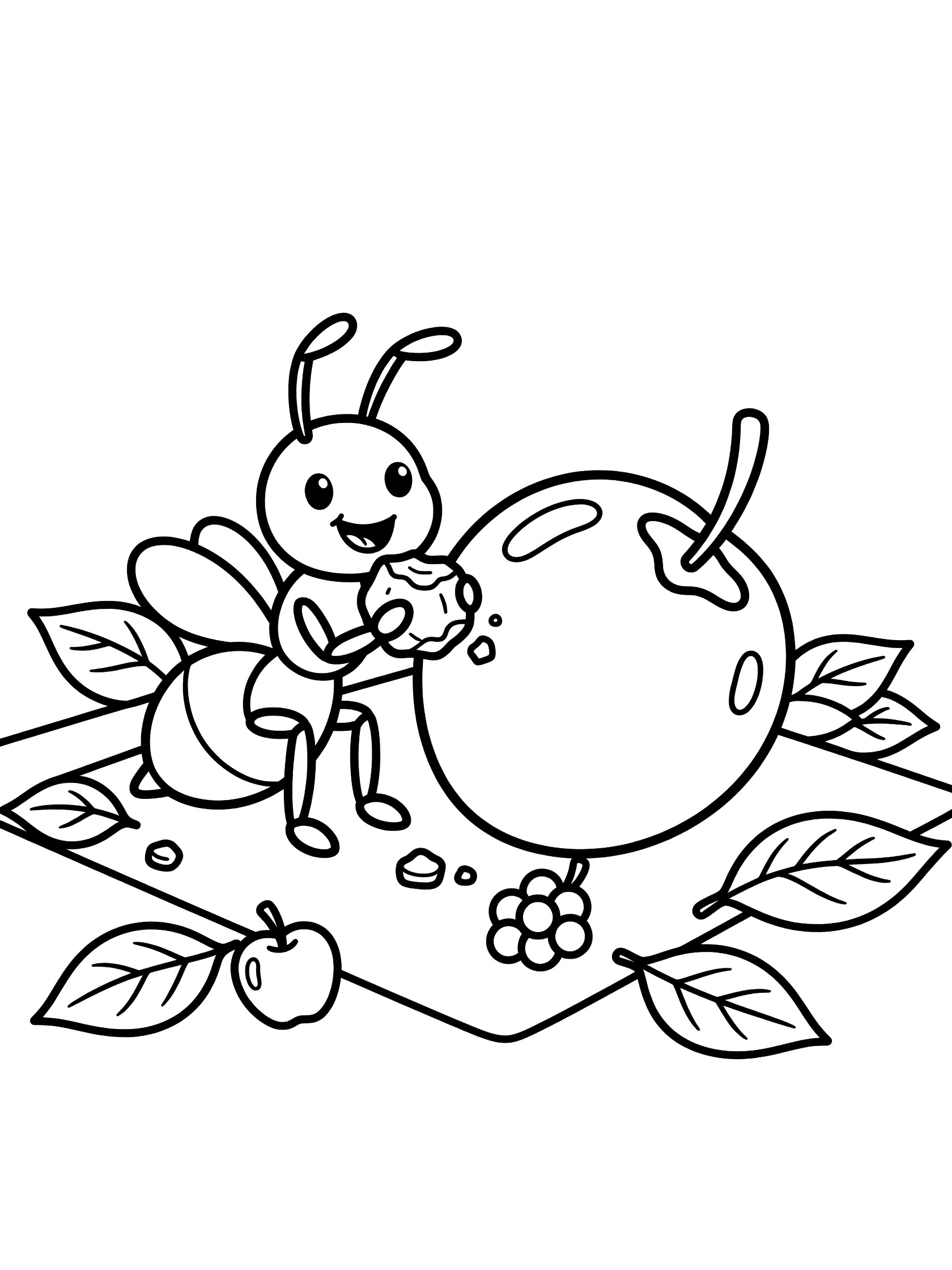 Black and white line art coloring page showing a cute ant with big eyes and antennae holding and eating a large apple, surrounded by leaves, a small apple, and berries on a picnic-like setup.