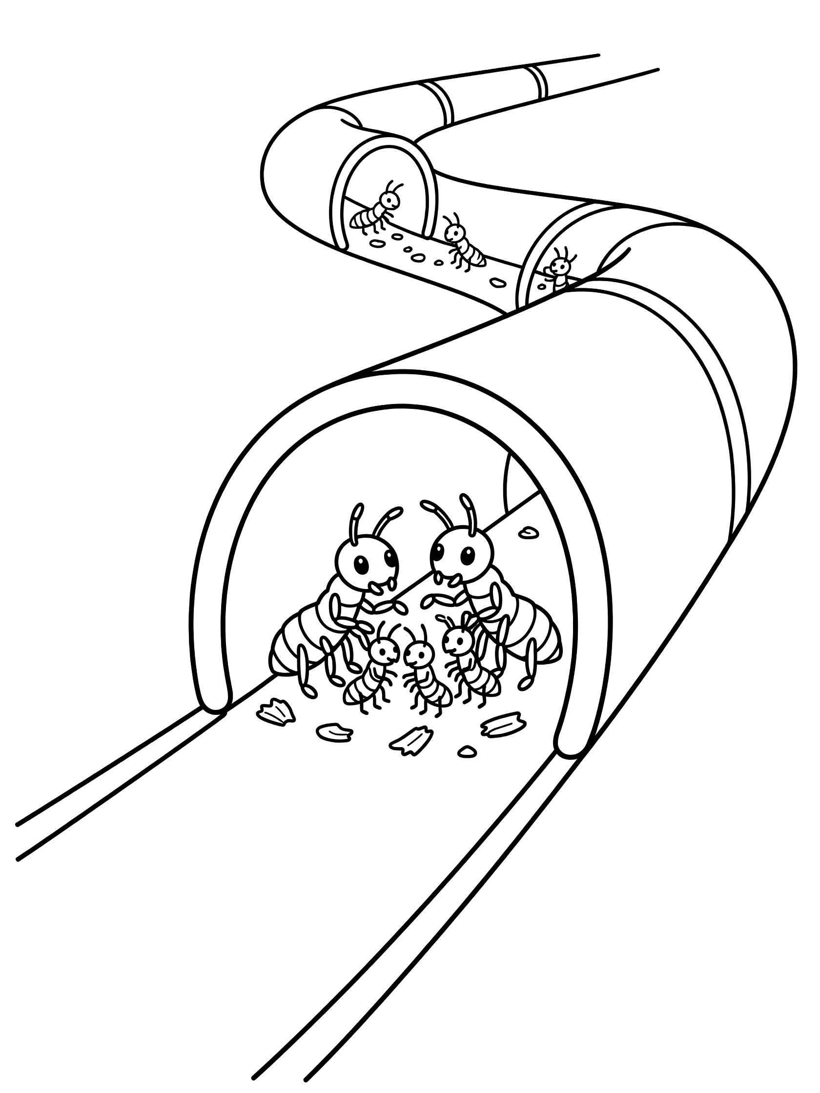 Black and white line art of a family of ants huddling in a curved tunnel, parents grooming young ants, scattered food morsels, coloring book style. Termite themed black and white printable line art