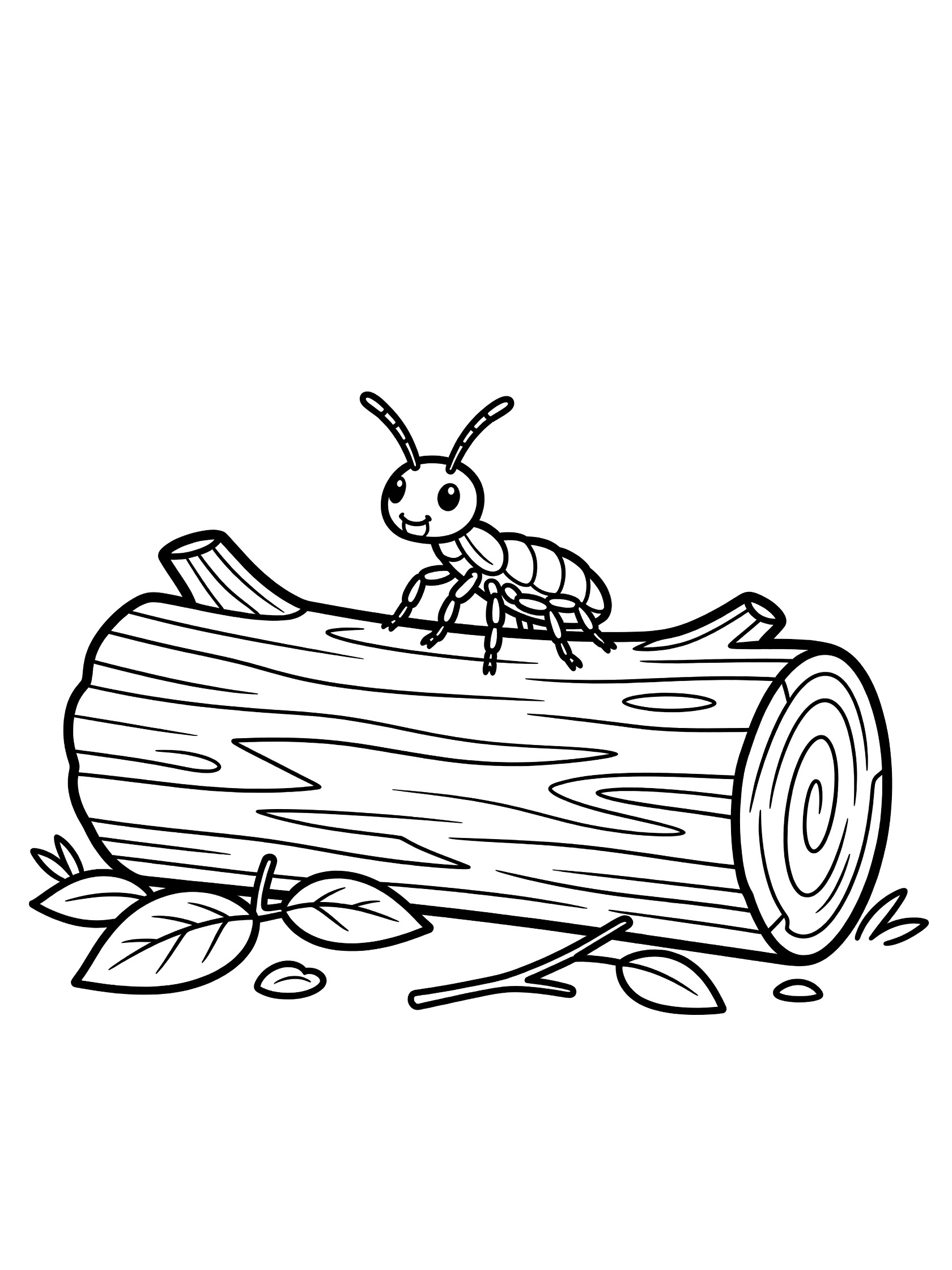 Black and white line art coloring page showing a cute ant with antennae on a large wooden log, surrounded by simple leaves and twigs at the base. Termite themed black and white printable line art