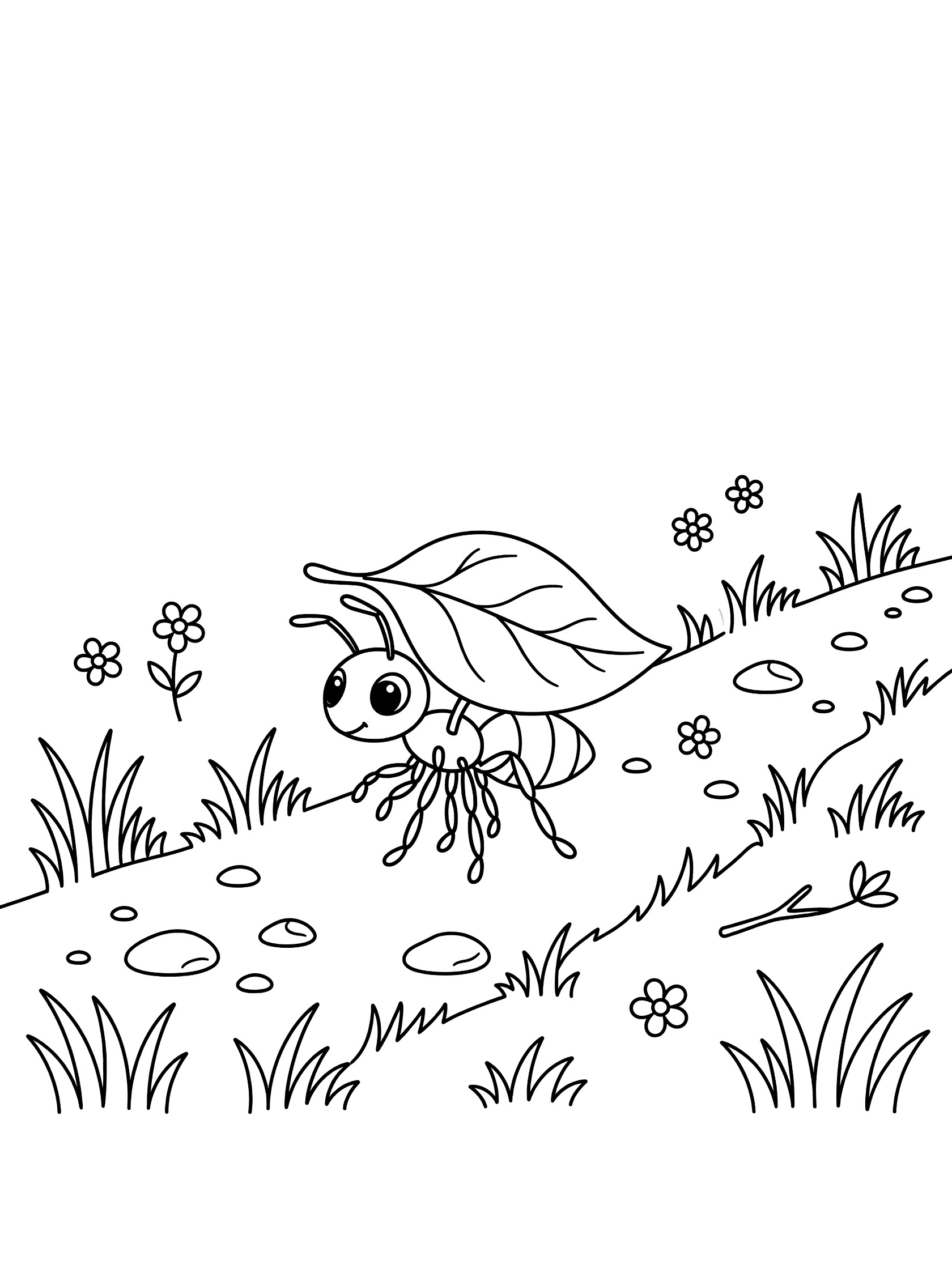 Black and white line art coloring page showing a single ant with big eyes carrying an oversized leaf on its back while walking on a grassy path with small pebbles, tiny flowers, and twigs.