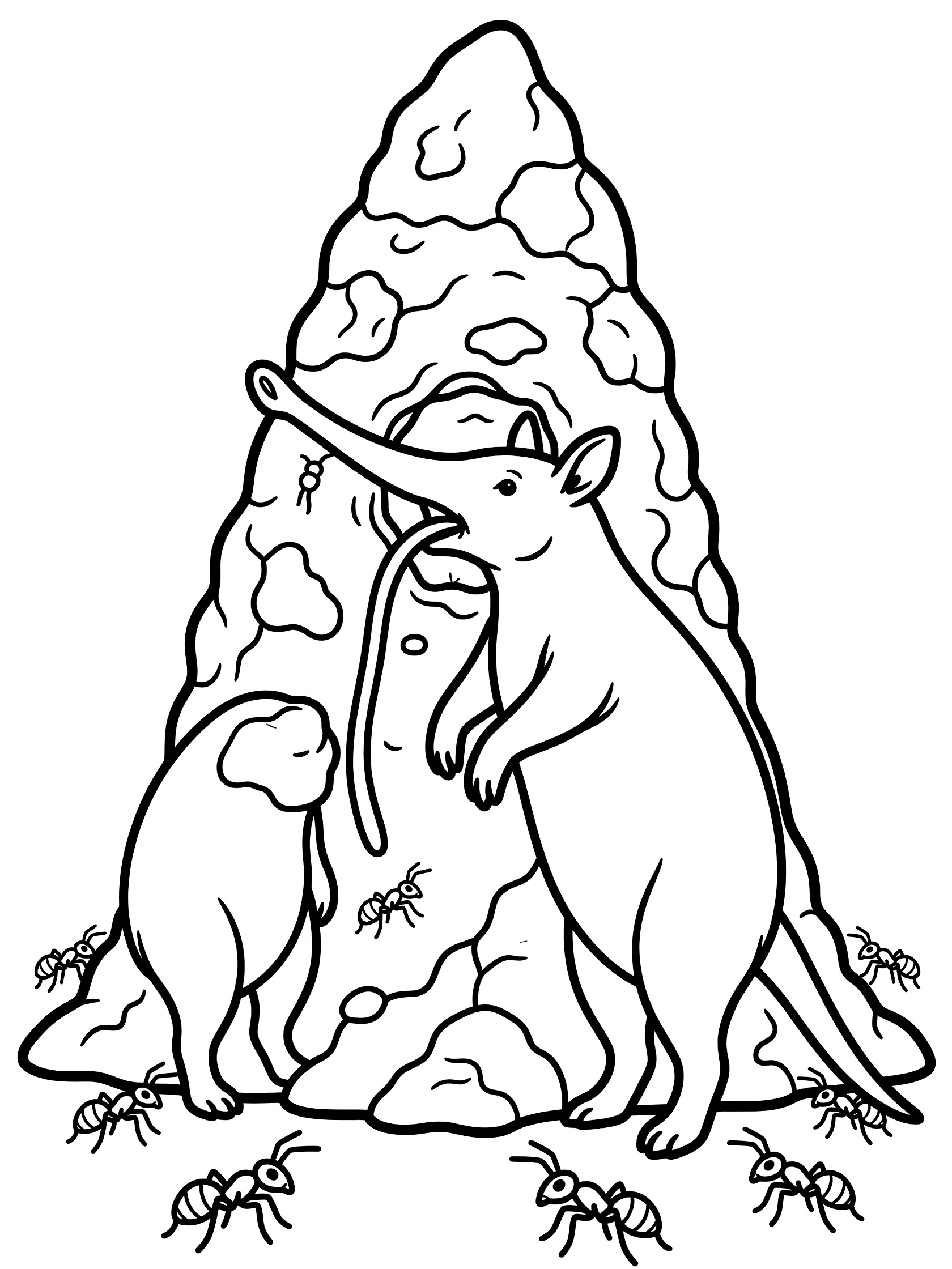 Black and white line art coloring page showing two anteaters standing by a tall anthill, one with snout inside and long tongue out, ants crawling on ground. Aardvark themed black and white printable line art