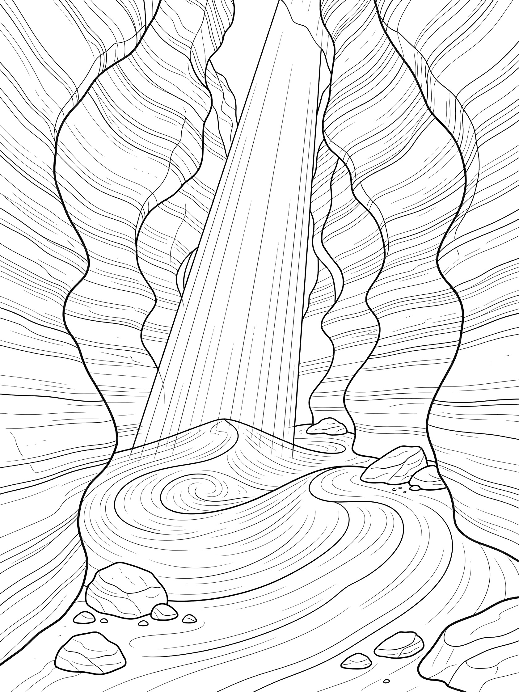 Black and white line art of Antelope Canyon with smooth wavy sandstone walls, a dramatic light beam from the top, swirling sand, and scattered rocks on the canyon floor.