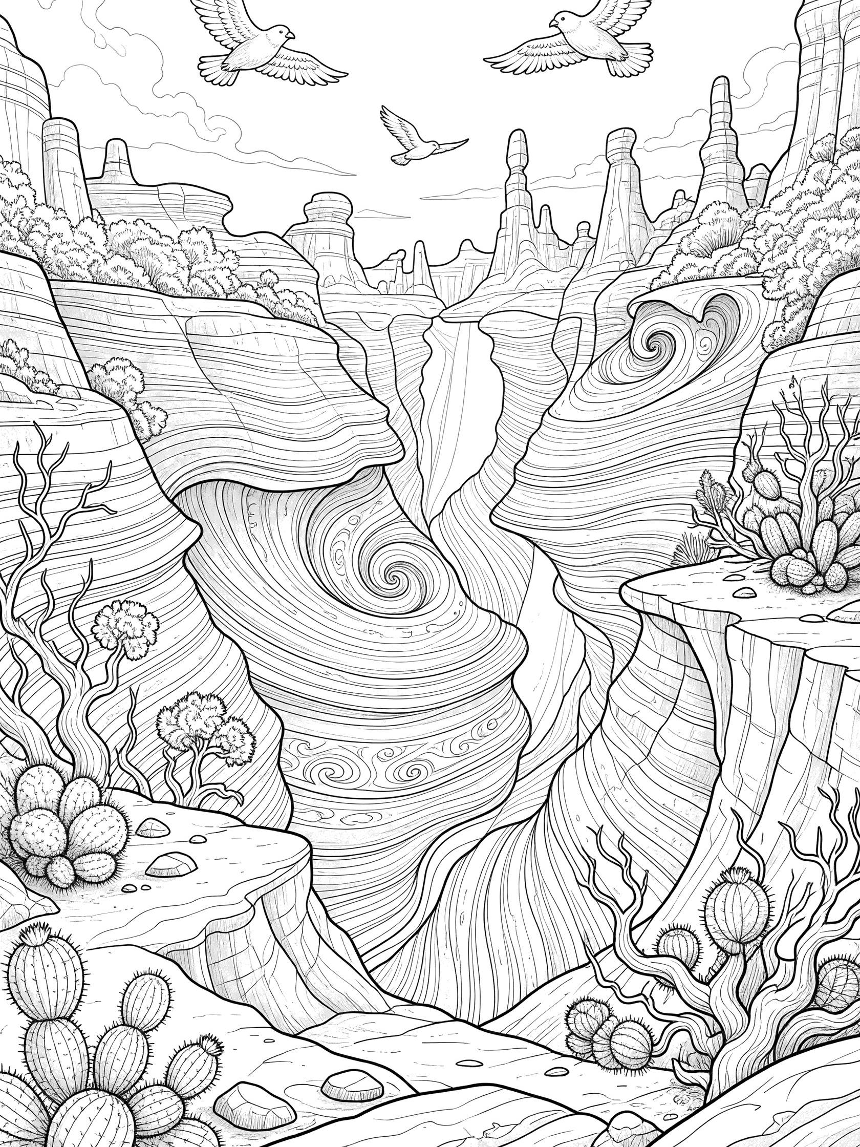 Black-and-white line art coloring page of Antelope Canyon overlook vista with foreground cacti and shrubs, swirling slot canyon walls, distant rock spires, flying birds, and clouds.