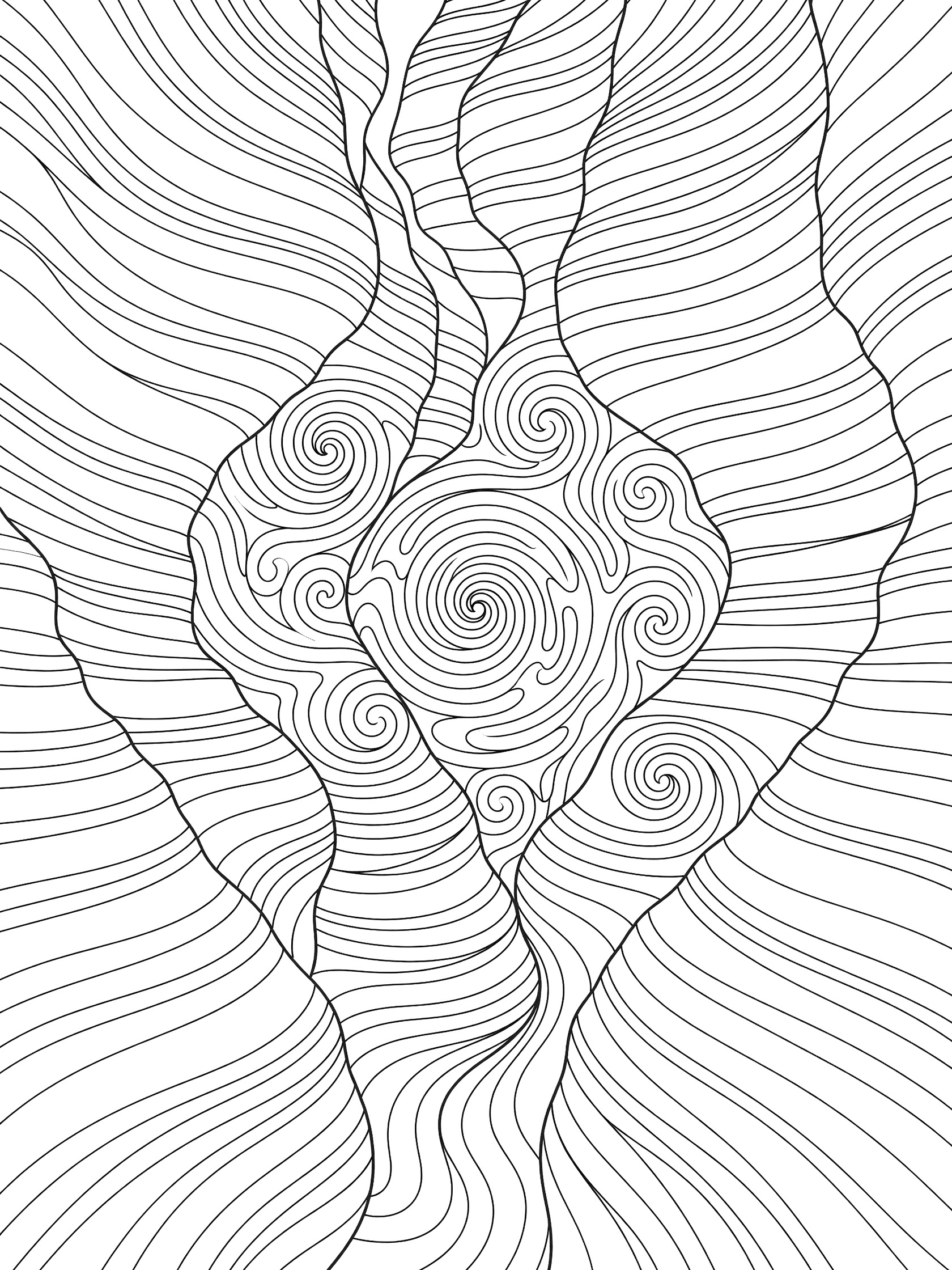 Black and white line art coloring page of Antelope Canyon with swirling sandstone waves, spirals, and curving canyon walls.