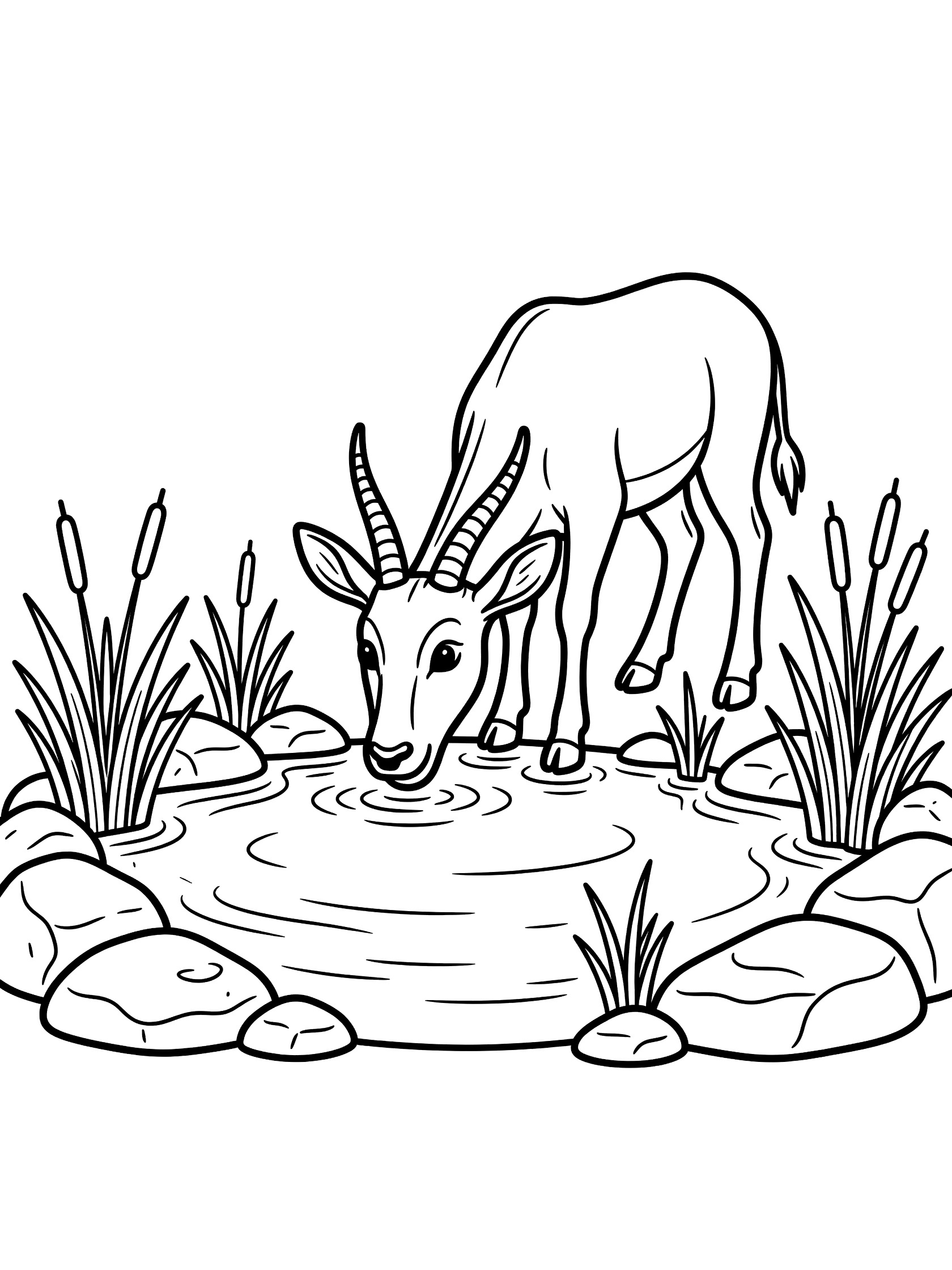 Black and white line art coloring page showing an antelope bending to drink from a small pond lined with rocks and tall reeds. Eland themed black and white printable line art