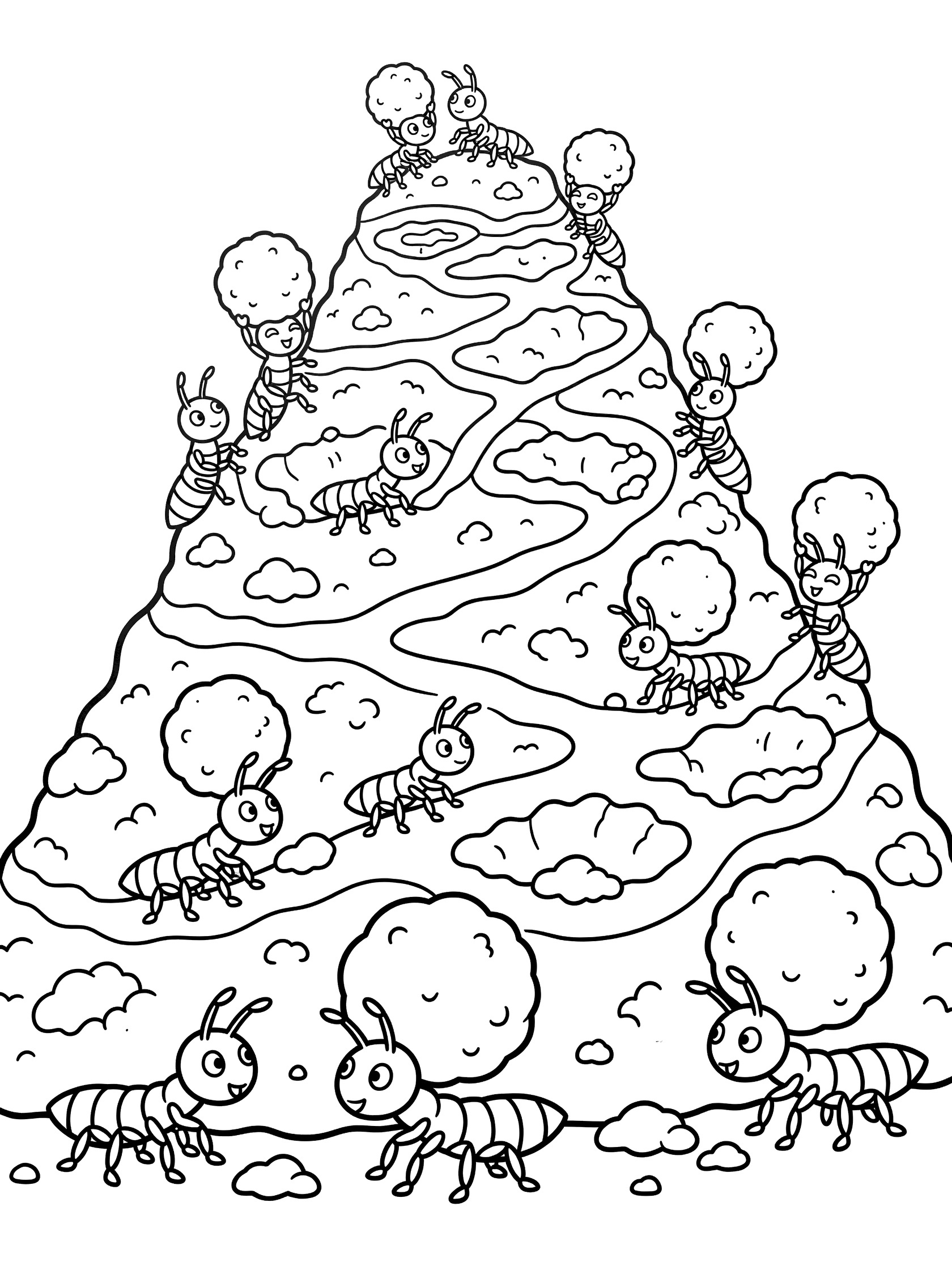 Black and white line art coloring page showing ants with six legs and antennae carrying small dirt balls on their heads, climbing and building a large anthill mound with visible tunnels and paths. Termite themed black and white printable line art