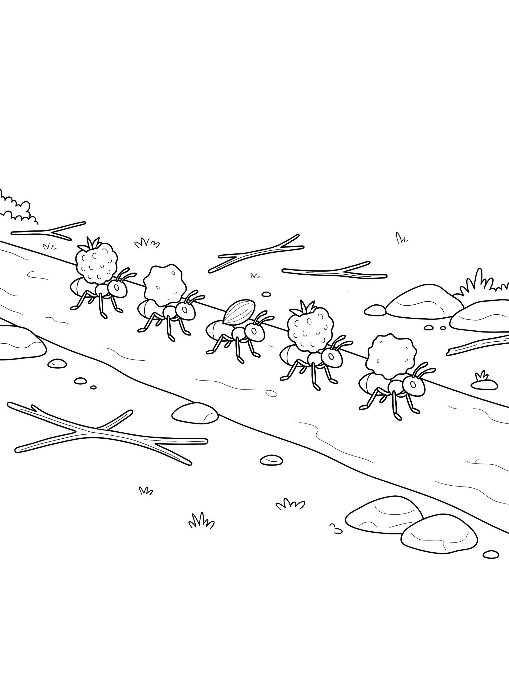 Line art coloring page showing five ants in a row carrying strawberries on their backs, walking on a dirt trail lined with twigs, rocks, and grass.