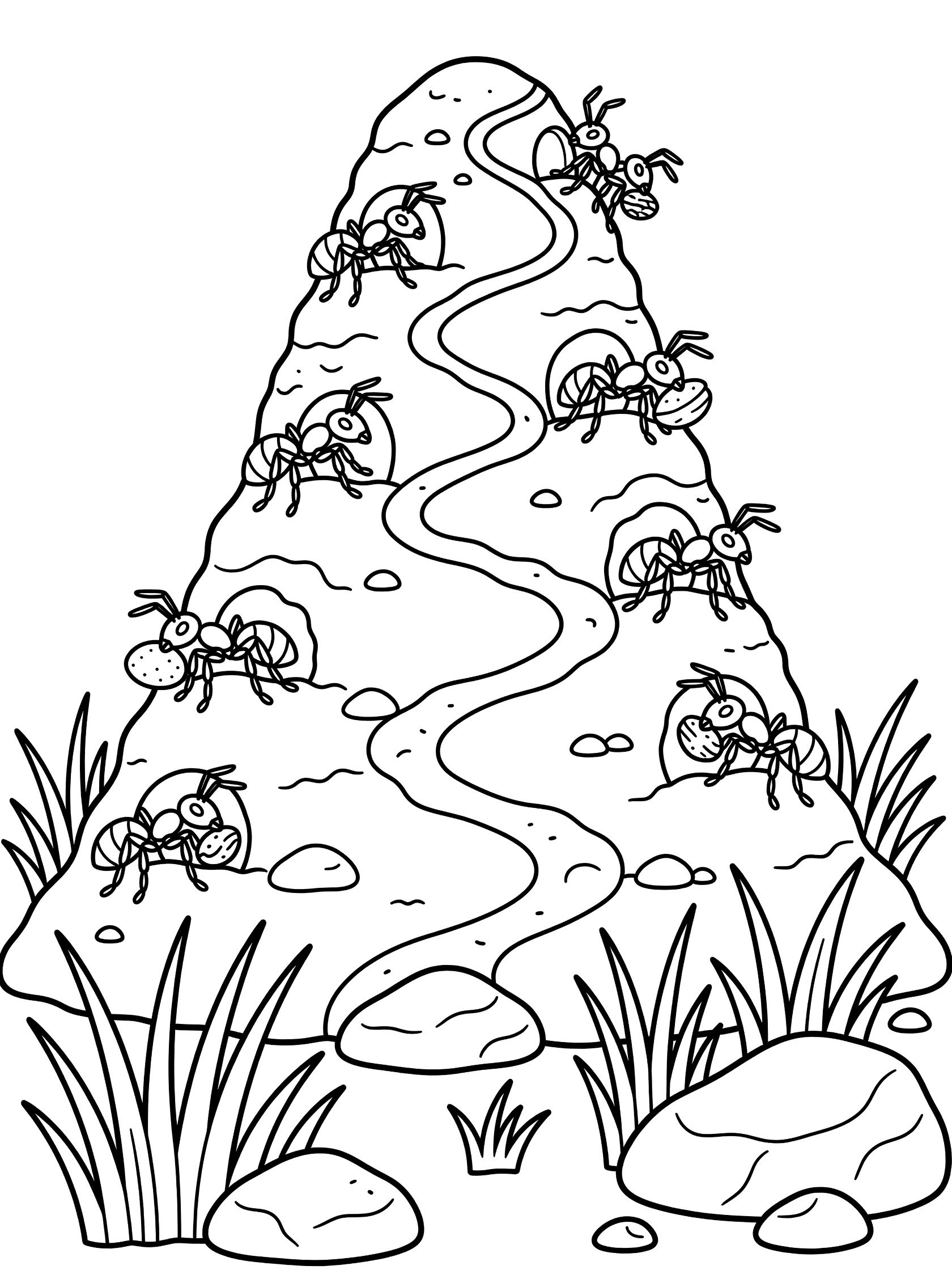 Black and white line art coloring page showing a tall anthill with ants entering and exiting tunnels, some carrying seeds, surrounded by grass blades and stones.
