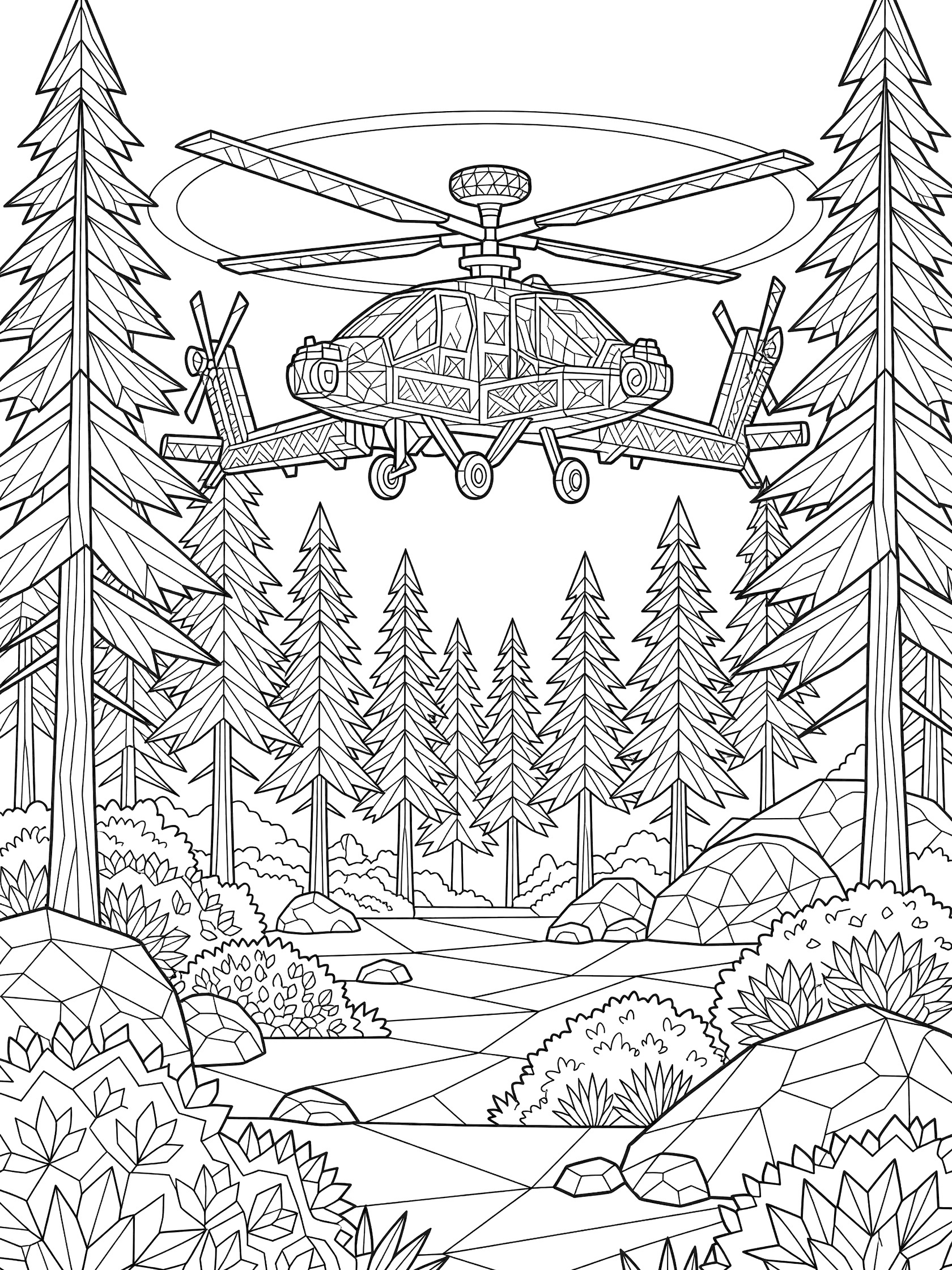 Black and white line art of an Apache helicopter hovering over a wide forest clearing surrounded by tall pine trees, bushes, and rocks in geometric style