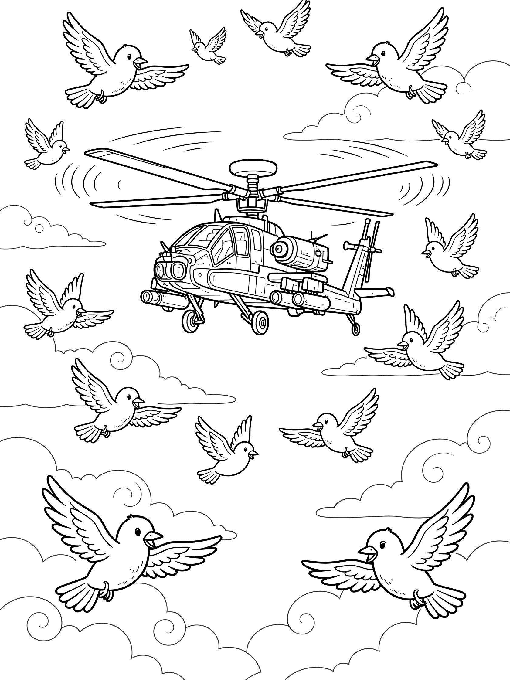 Line art coloring page showing an Apache helicopter in the center with spinning rotors, surrounded by flying birds and fluffy clouds
