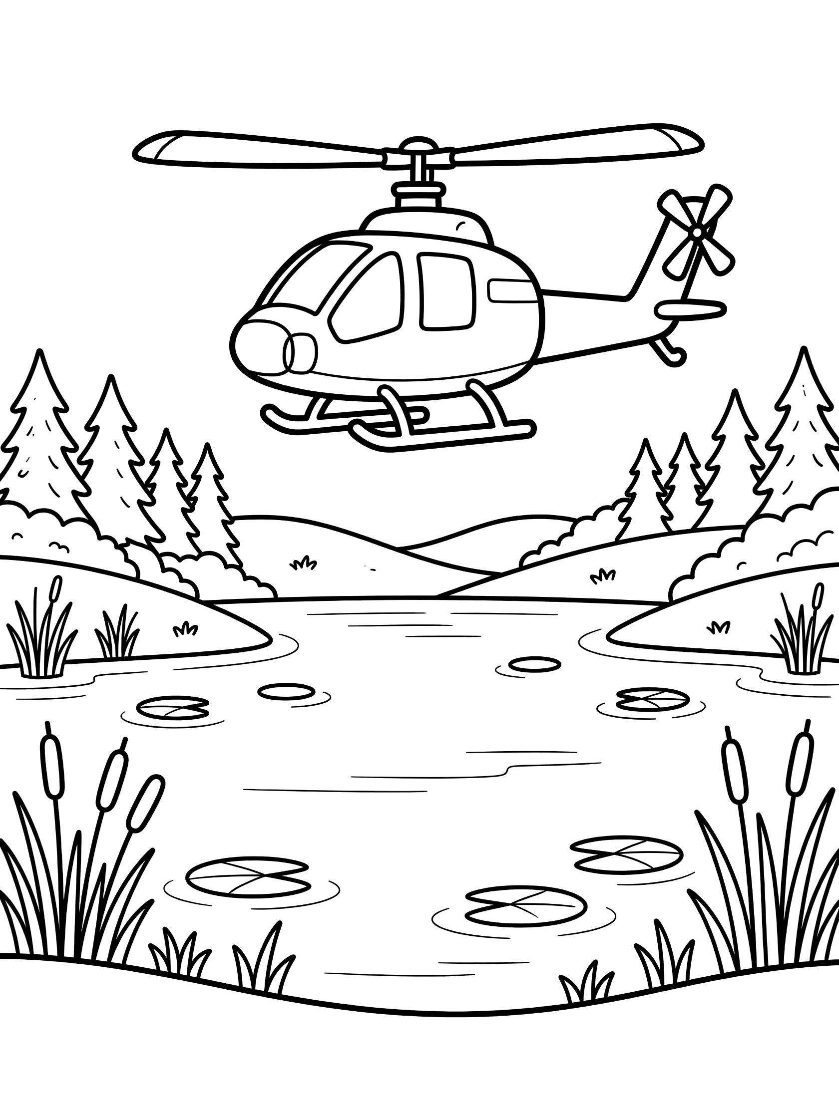 Cute cartoon Apache helicopter hovering above a lake with ripples, lily pads, reeds, pine trees, and rolling hills in black-and-white line art for coloring.