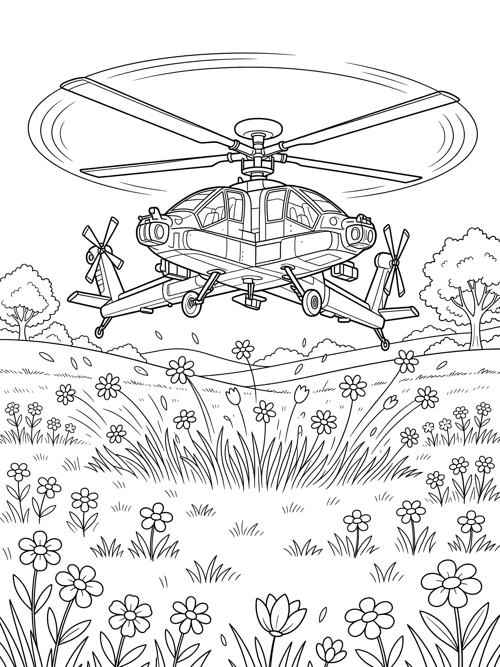 Line art coloring page showing an Apache helicopter taking off from a sunny meadow, rotors kicking up grass and wildflowers, with hills and trees in the background.