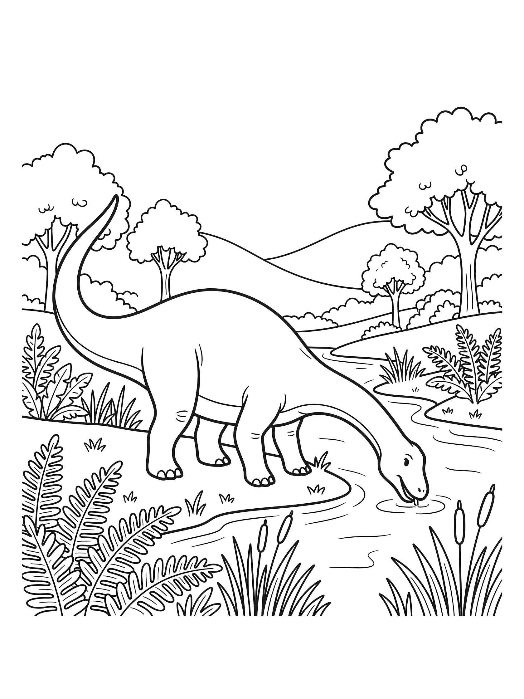 Line art coloring page showing an Apatosaurus with long neck drinking water from a riverbank lined with ferns and reeds, trees and hills in background