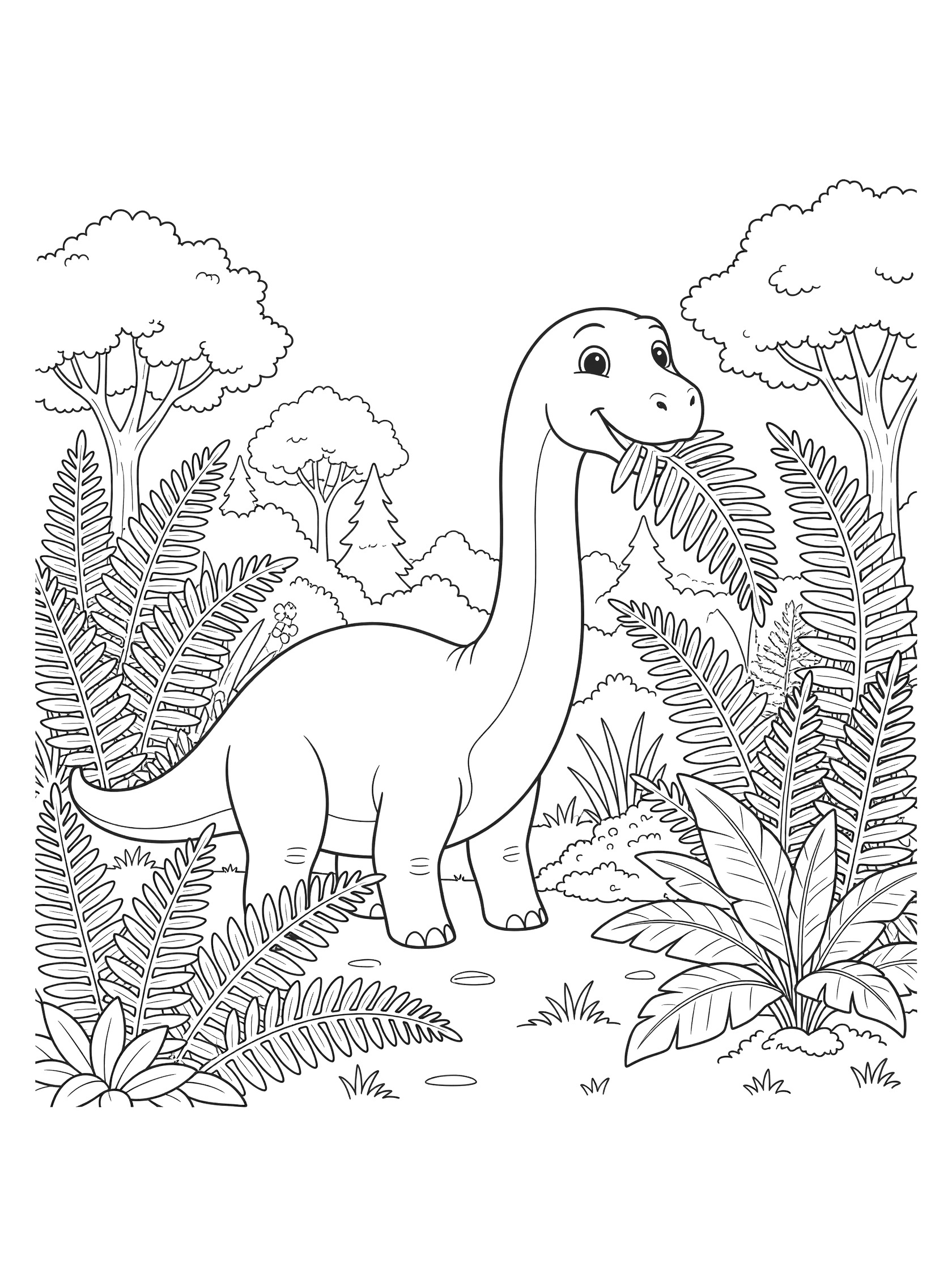 Black and white coloring page showing a long-necked Apatosaurus dinosaur with a happy face eating ferns surrounded by trees and jungle plants.