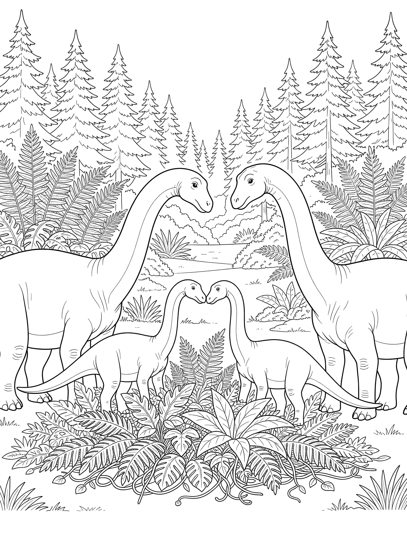 Black and white line art of an Apatosaurus family with parent and baby dinosaurs eating plants together in a valley with ferns, trees, and a pond.