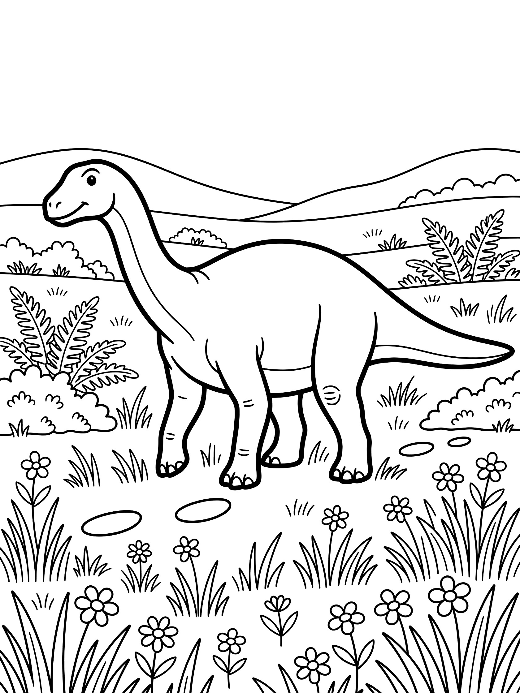 Black and white coloring page showing a large Apatosaurus dinosaur walking in a meadow with grass, wildflowers, footprints, ferns, bushes, and distant hills.