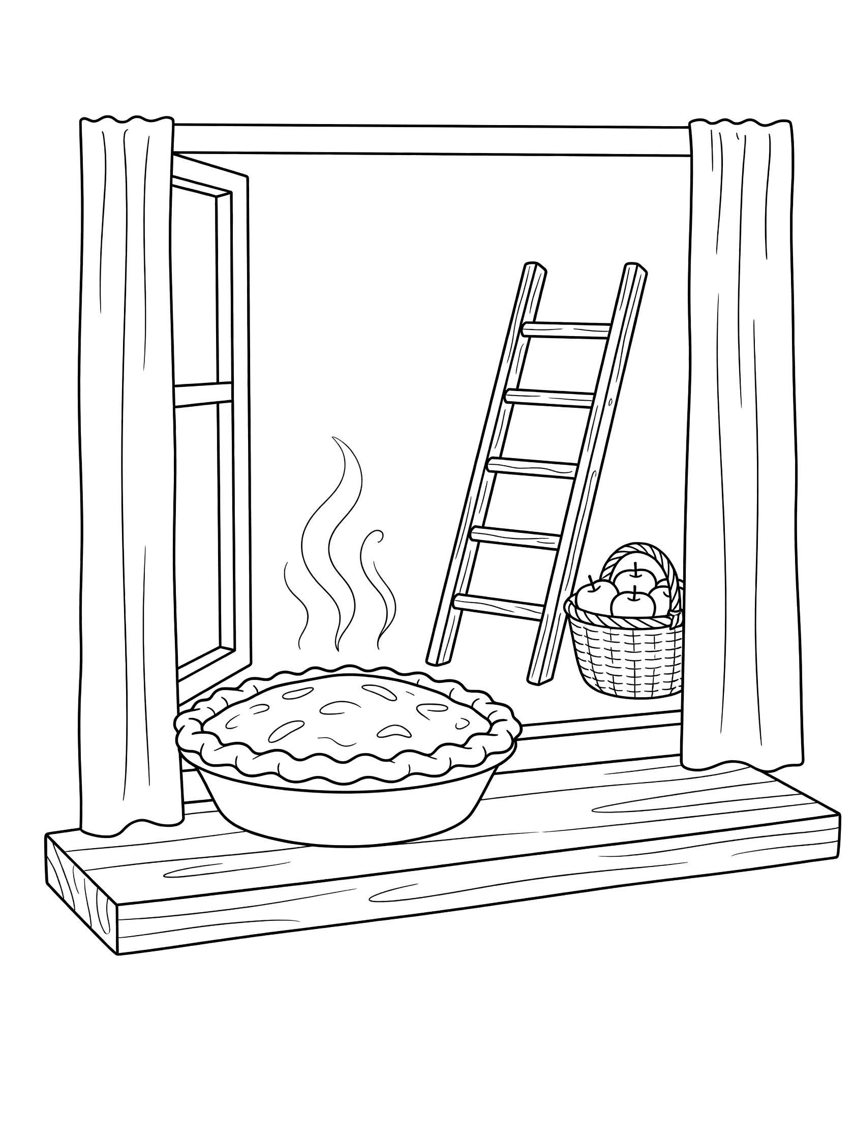 Black-and-white coloring page of a freshly baked apple pie on a windowsill with steam, open window showing ladder and apple basket, framed by curtains.