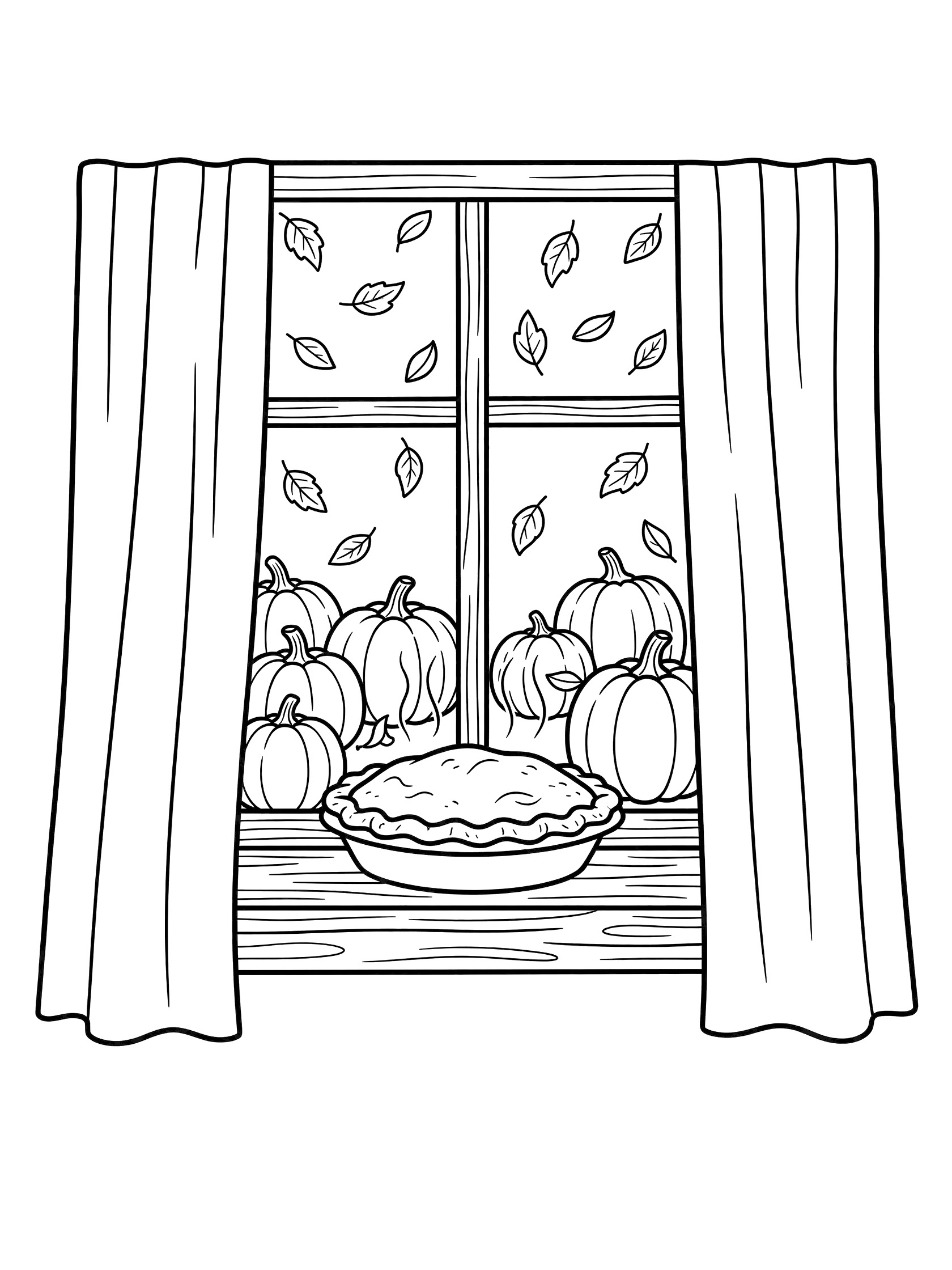 Black-and-white line art coloring page showing apple pie on windowsill with curtains, viewed through window with falling fall leaves and pumpkins