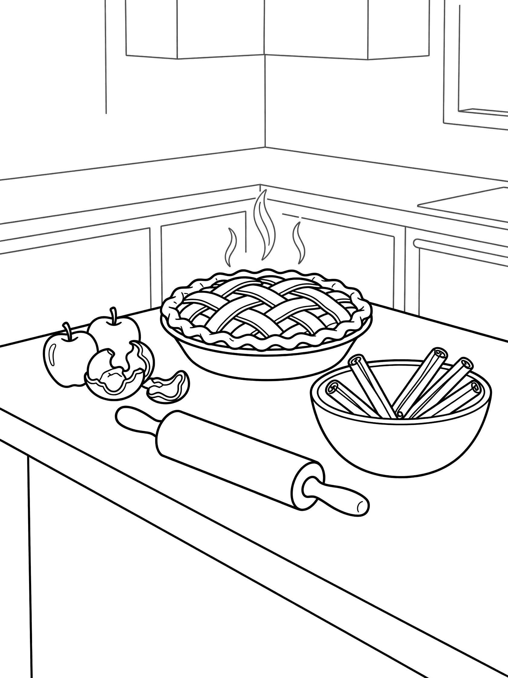 Black-and-white line art coloring page of a fresh apple pie on a kitchen counter with peeled apples, rolling pin, and bowl of cinnamon sticks, steam rising, cozy Thanksgiving baking scene