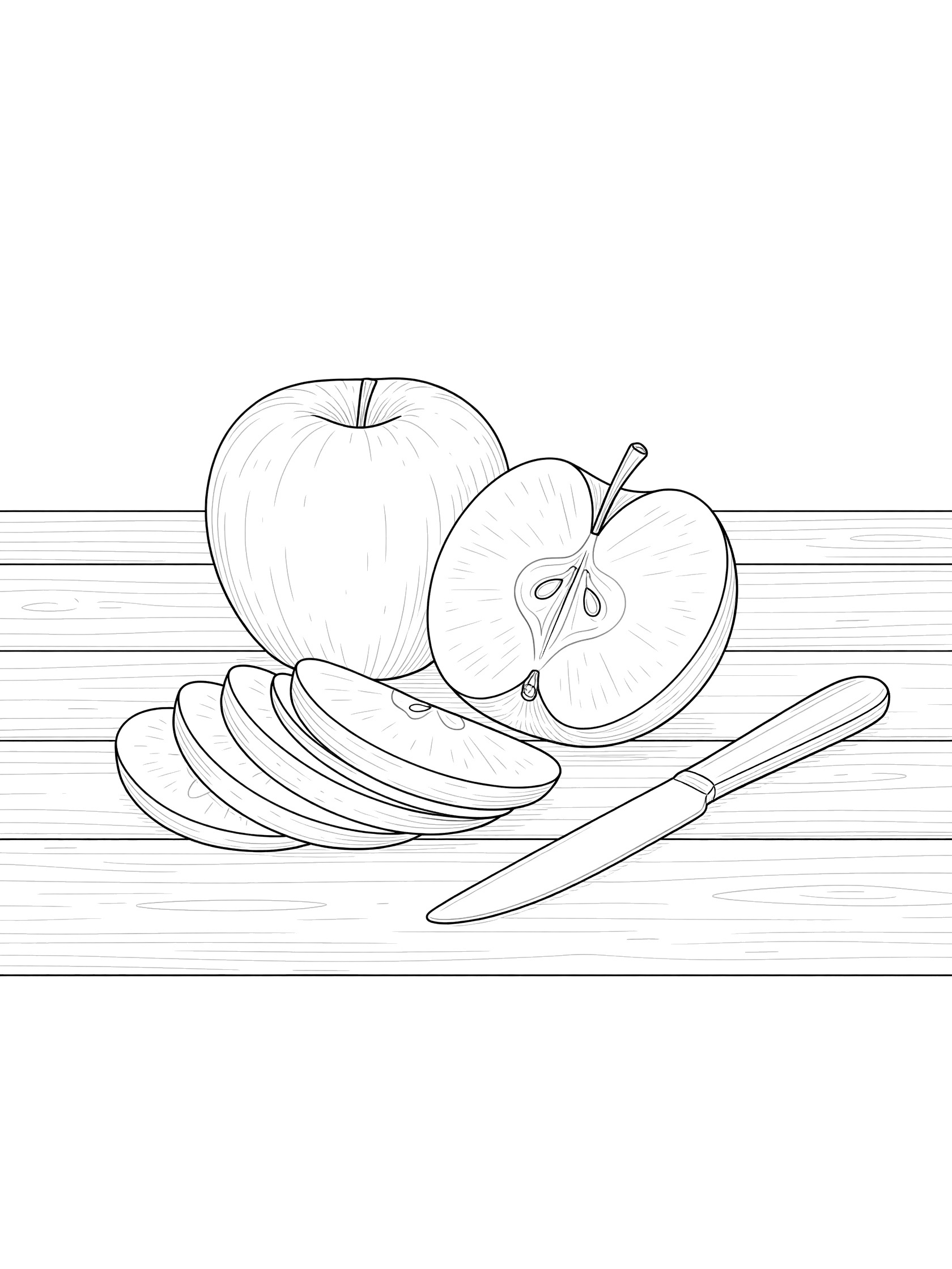 Line art coloring page with whole apple next to open halved apple revealing star-shaped core and seeds, fan of thin slices, knife on wooden kitchen table.
